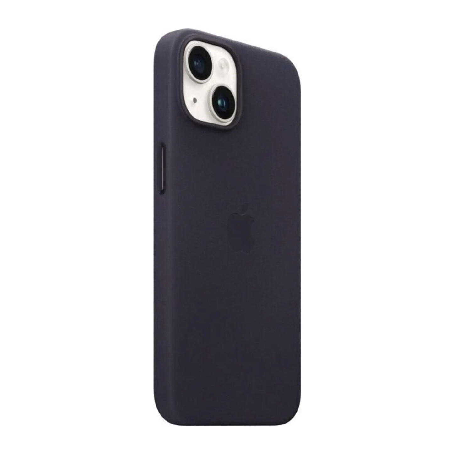 Das Bild zeigt die Apple iPhone Handyhülle MPP63ZM/A aus Leder. Sie ist kompatibel mit dem iPhone 14. In der Farbe Tinte aus der Schrägansicht.