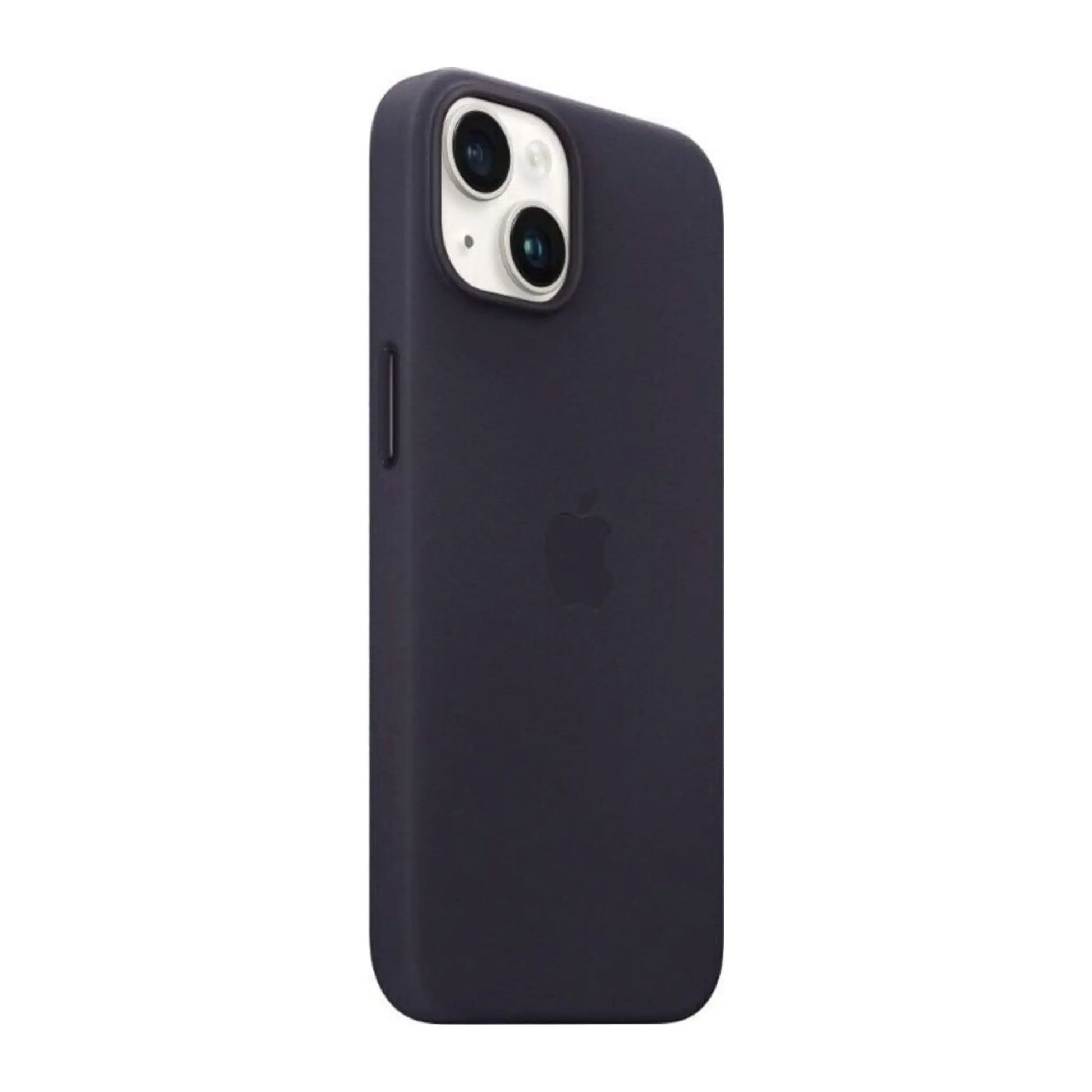 Das Bild zeigt die Apple iPhone Handyhülle MPP63ZM/A aus Leder. Sie ist kompatibel mit dem iPhone 14. In der Farbe Tinte aus der Schrägansicht.