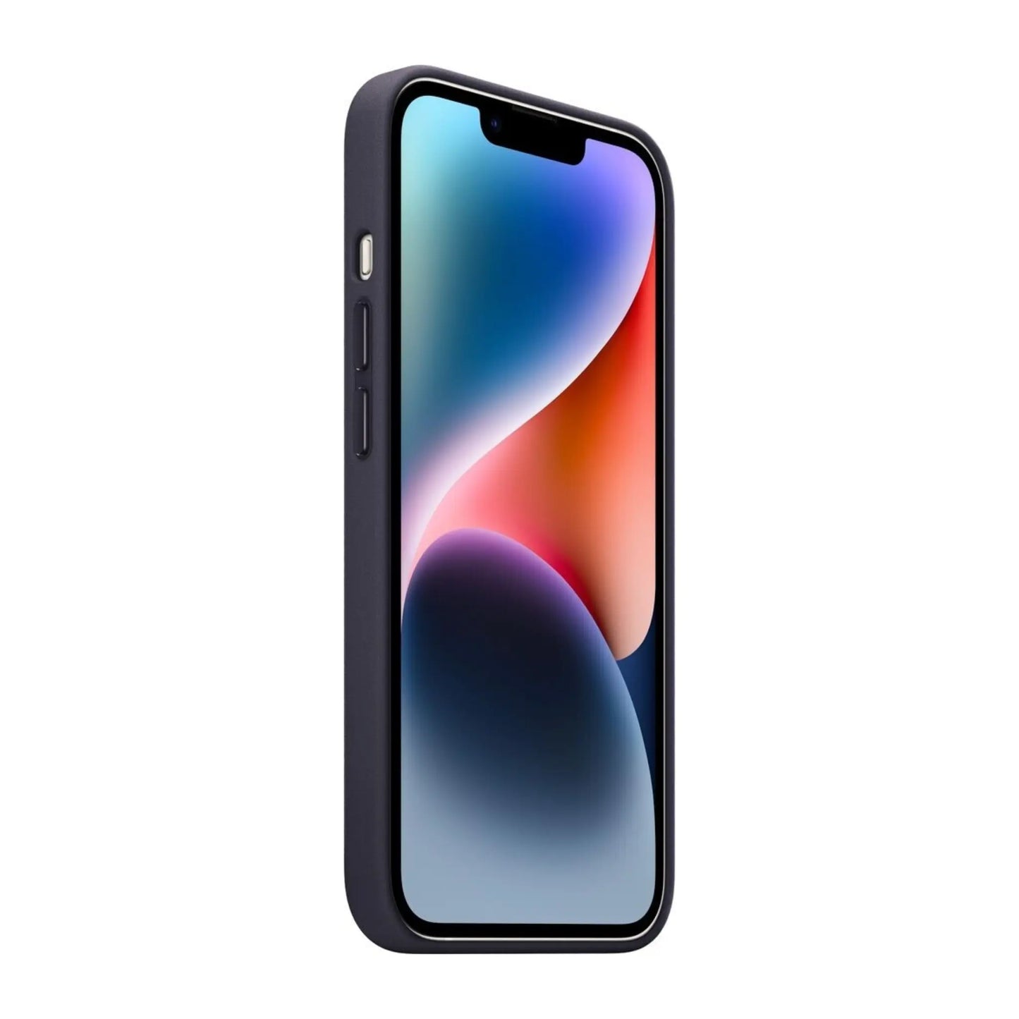 Das Bild zeigt die Apple iPhone Handyhülle MPP63ZM/A aus Leder. Sie ist kompatibel mit dem iPhone 14. In der Farbe Tinte aus der Seitenansicht.