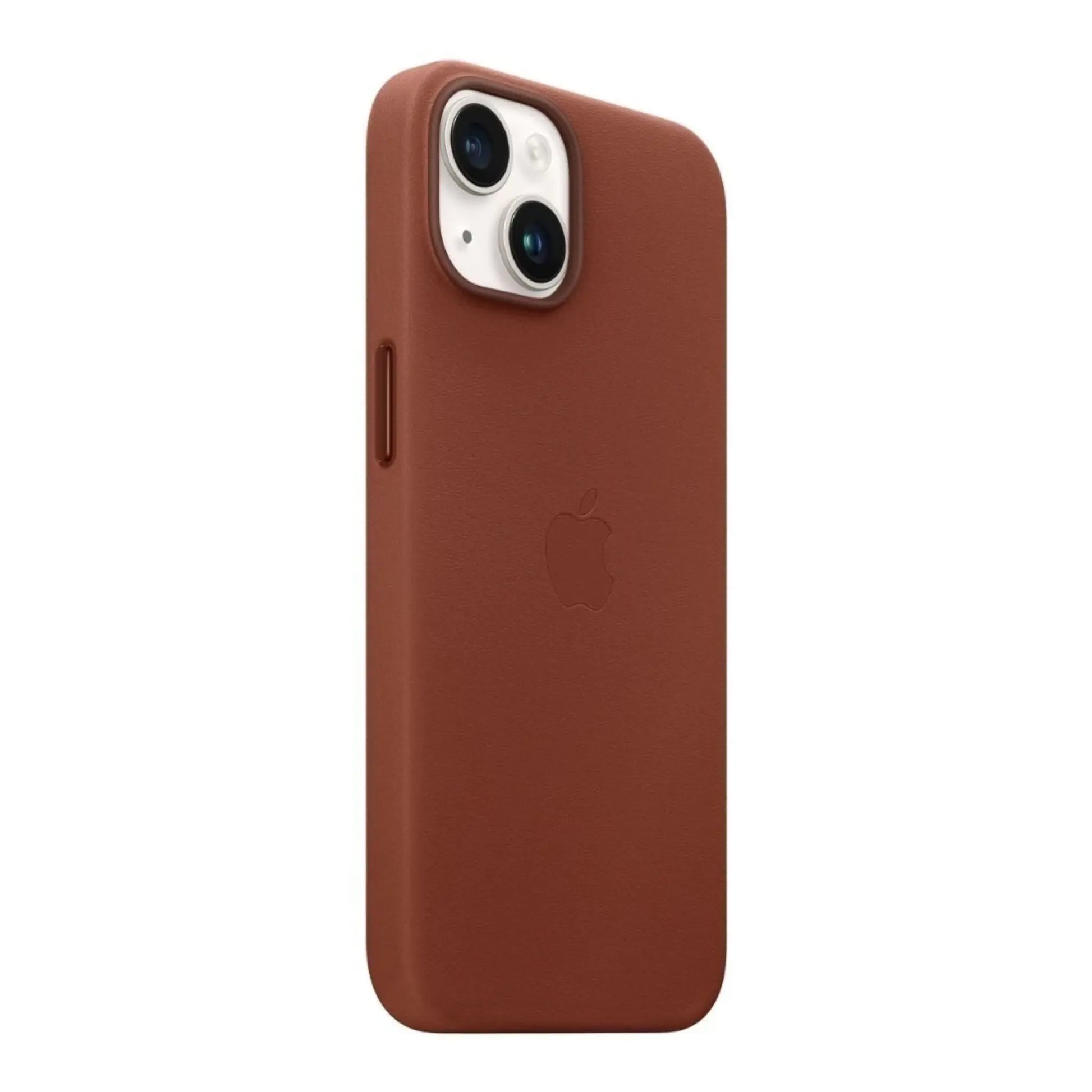 Das Bild zeigt die Apple iPhone Handyhülle MPP73ZM/A aus Leder. Sie ist kompatibel mit dem iPhone 14. In der Farbe Umbra aus der Schrägansicht.