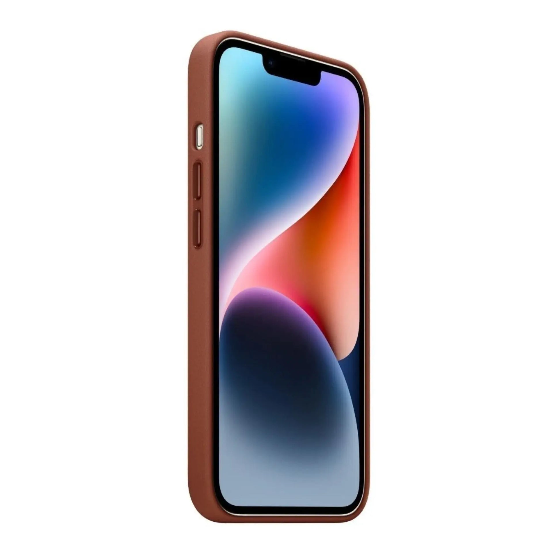 Das Bild zeigt die Apple iPhone Handyhülle MPP73ZM/A aus Leder. Sie ist kompatibel mit dem iPhone 14. In der Farbe Umbra aus der Seitenansicht.