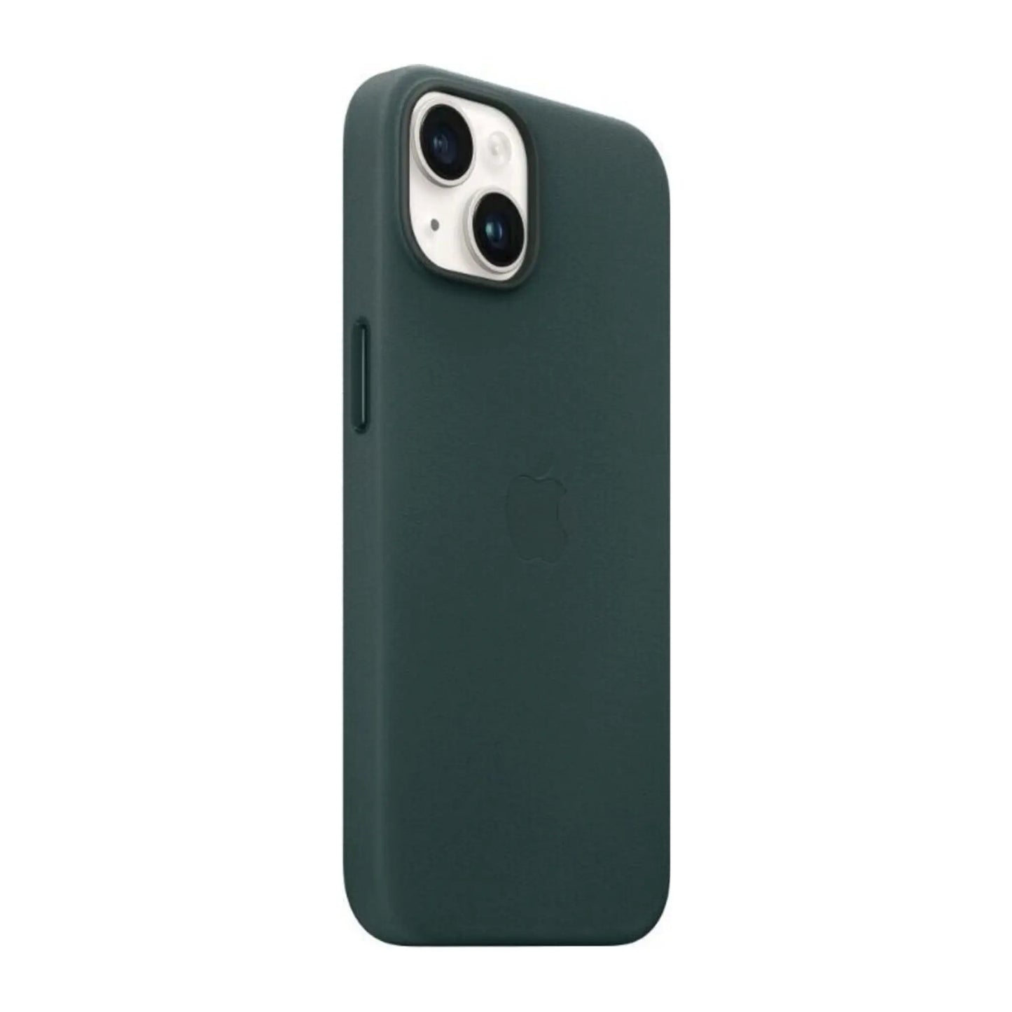 Das Bild zeigt die Apple iPhone Handyhülle MPP53ZM/A aus Leder. Sie ist kompatibel mit dem iPhone 14. In der Farbe Waldgrün aus der Schrägansicht.