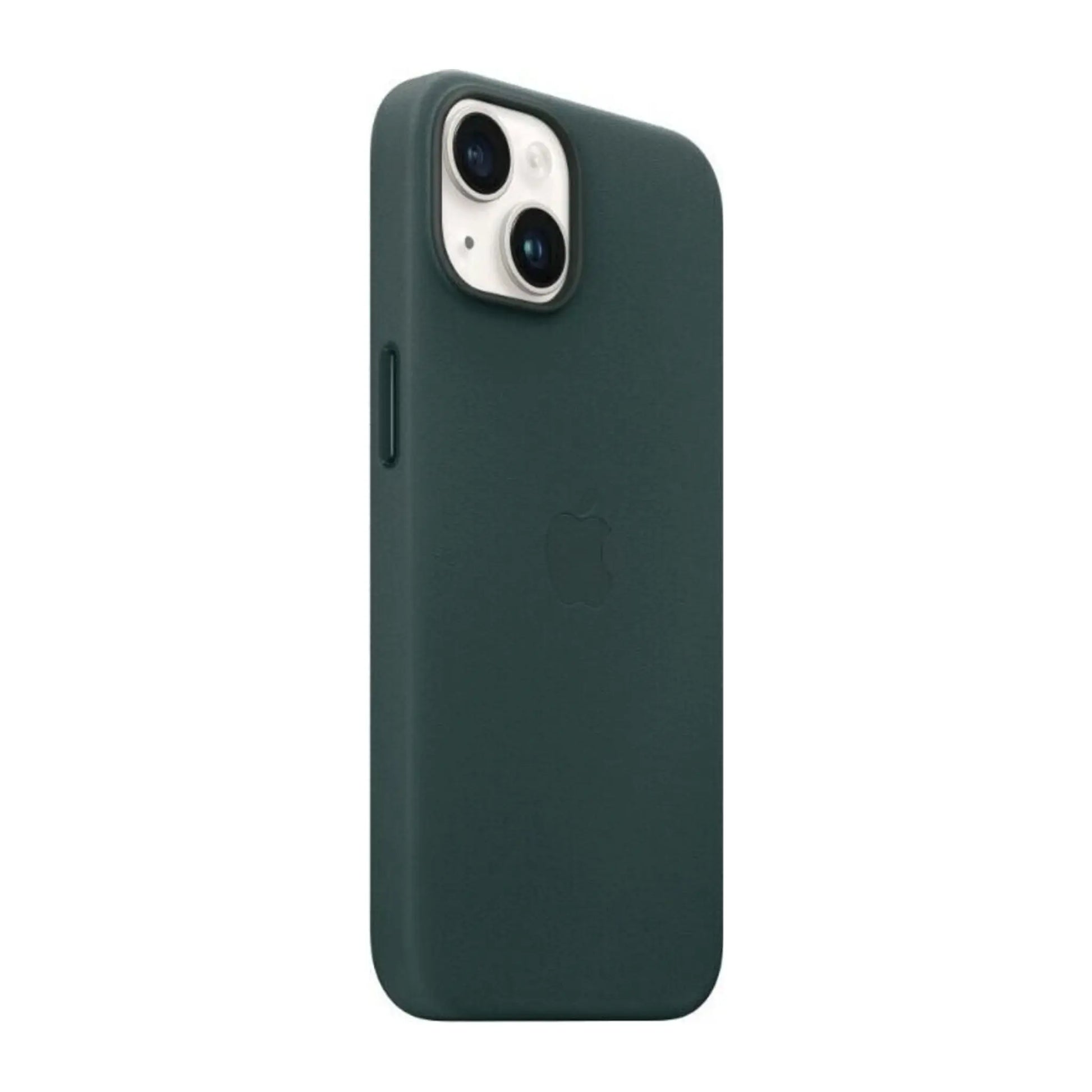 Das Bild zeigt die Apple iPhone Handyhülle MPP53ZM/A aus Leder. Sie ist kompatibel mit dem iPhone 14. In der Farbe Waldgrün aus der Schrägansicht.