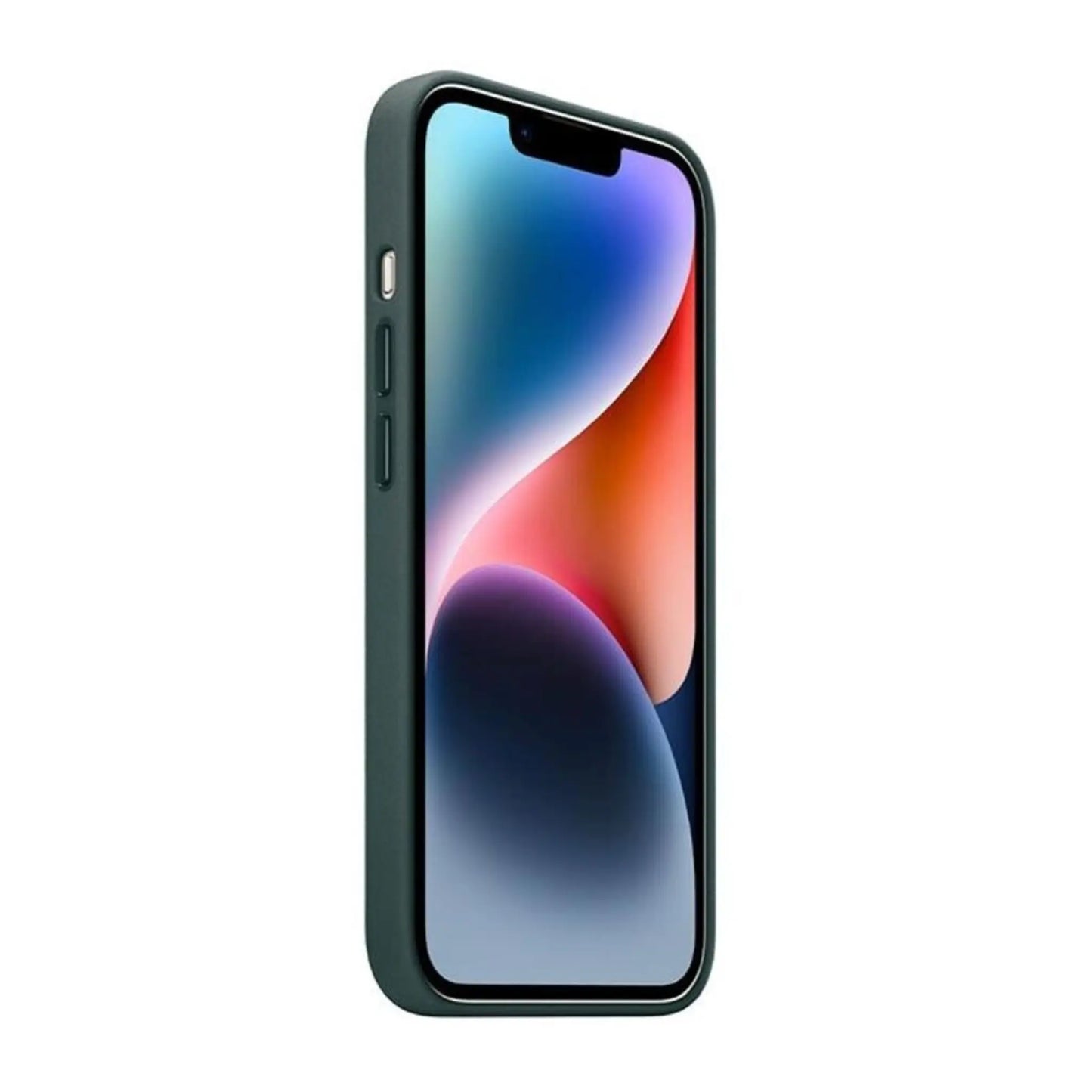 Das Bild zeigt die Apple iPhone Handyhülle MPP53ZM/A aus Leder. Sie ist kompatibel mit dem iPhone 14. In der Farbe Waldgrün aus der Seitenansicht.