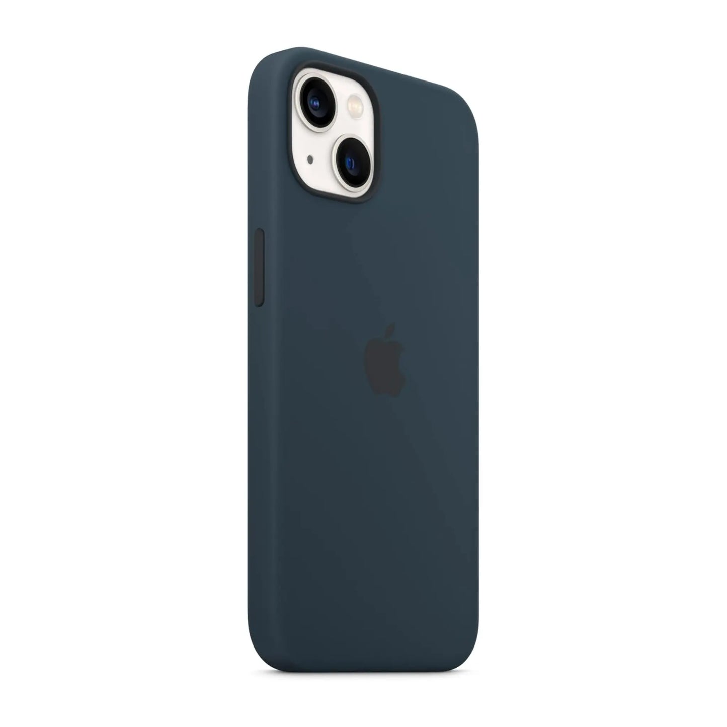 Das Bild zeigt die Apple iPhone Handyhülle MC2Y4ZM/A aus Silikon. Sie ist kompatibel mit dem iPhone 13. In der Farbe Abyssblau aus der Schrägansicht.