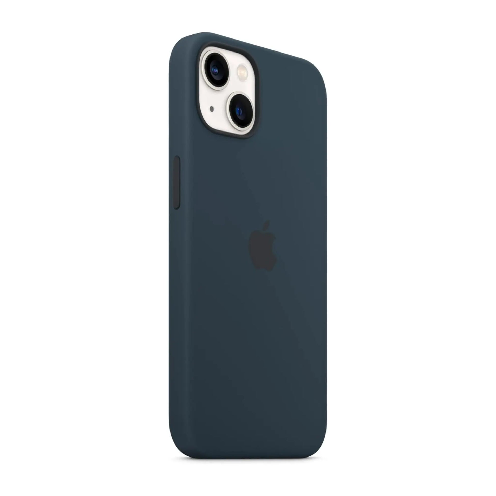 Das Bild zeigt die Apple iPhone Handyhülle MC2Y4ZM/A aus Silikon. Sie ist kompatibel mit dem iPhone 13. In der Farbe Abyssblau aus der Schrägansicht.