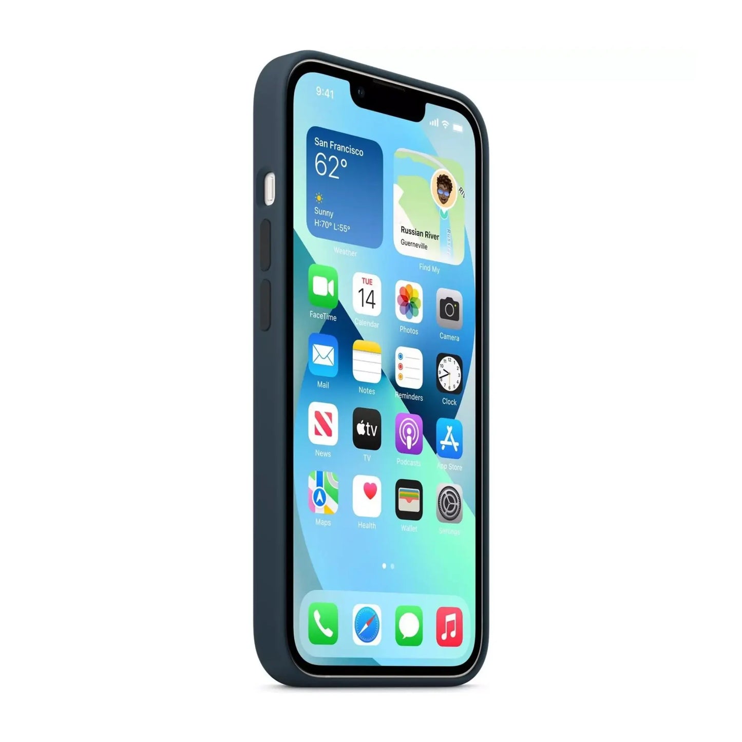 Das Bild zeigt die Apple iPhone Handyhülle MC2Y4ZM/A aus Silikon. Sie ist kompatibel mit dem iPhone 13. In der Farbe Abyssblau aus der Seitenansicht.