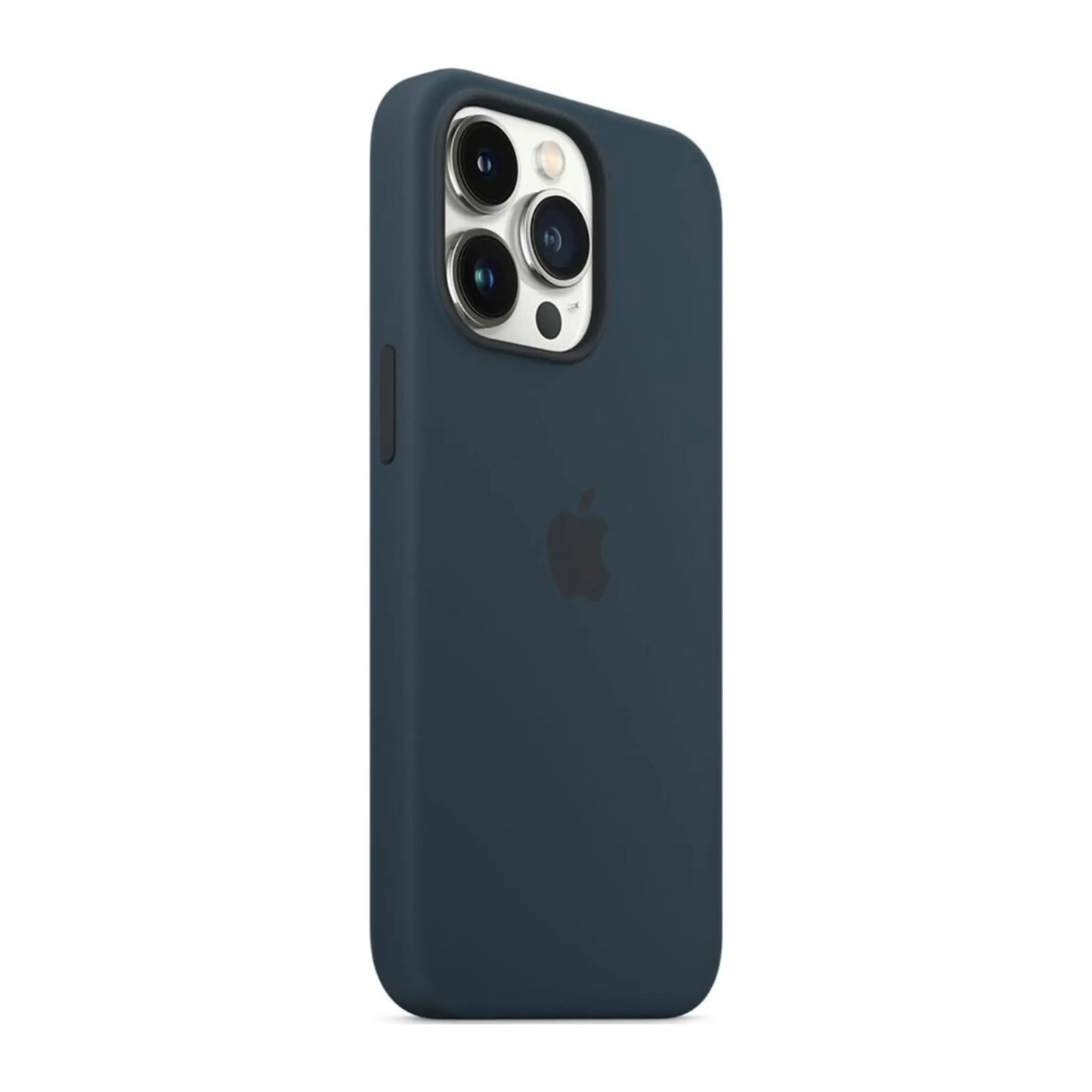 Das Bild zeigt die Apple iPhone Handyhülle MM293ZM/A aus Silikon. Sie ist kompatibel mit dem iPhone 13 Pro. In der Farbe Abyssblau aus der Schrägansicht.
