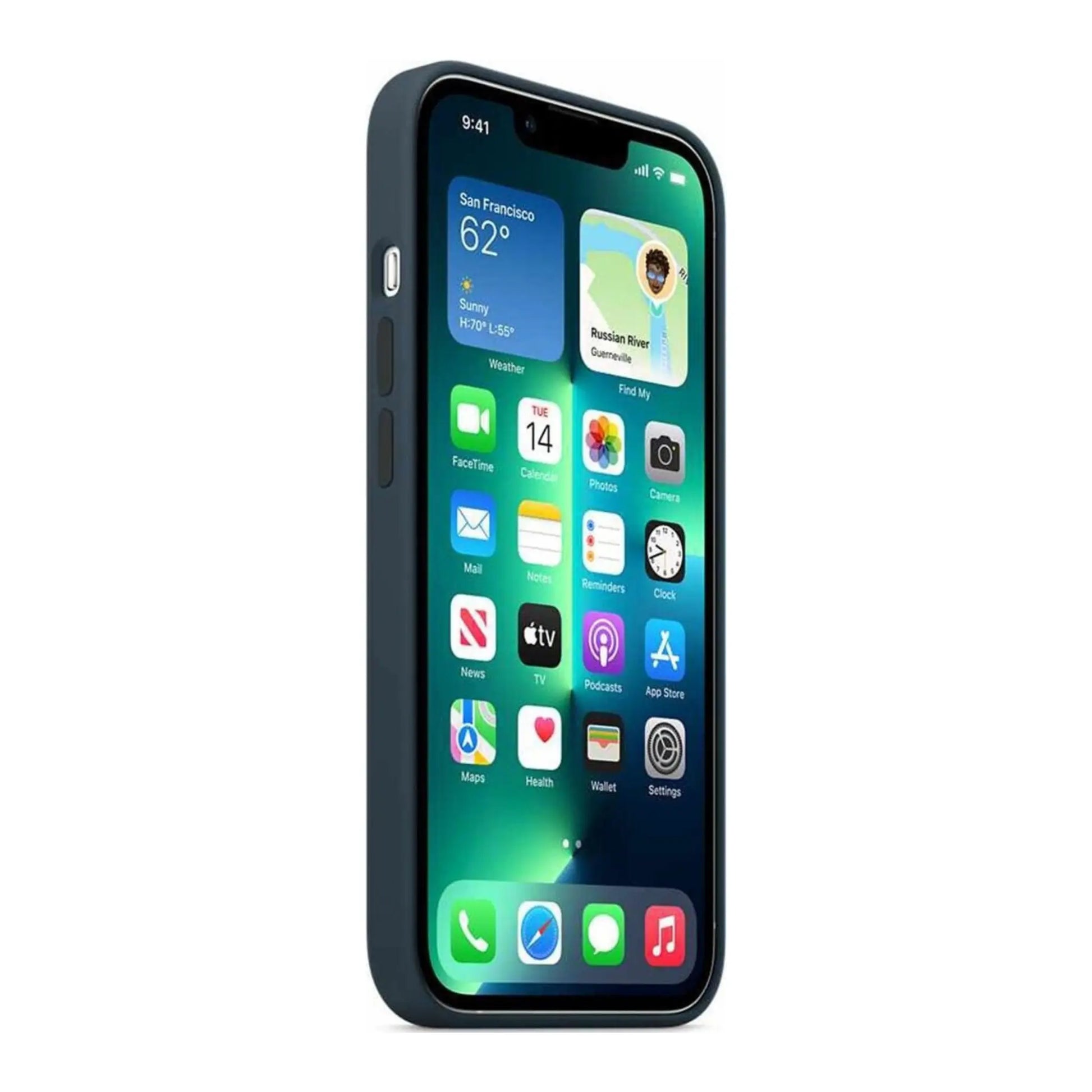 Das Bild zeigt die Apple iPhone Handyhülle MM293ZM/A aus Silikon. Sie ist kompatibel mit dem iPhone 13 Pro. In der Farbe Abyssblau aus der Seitenansicht.