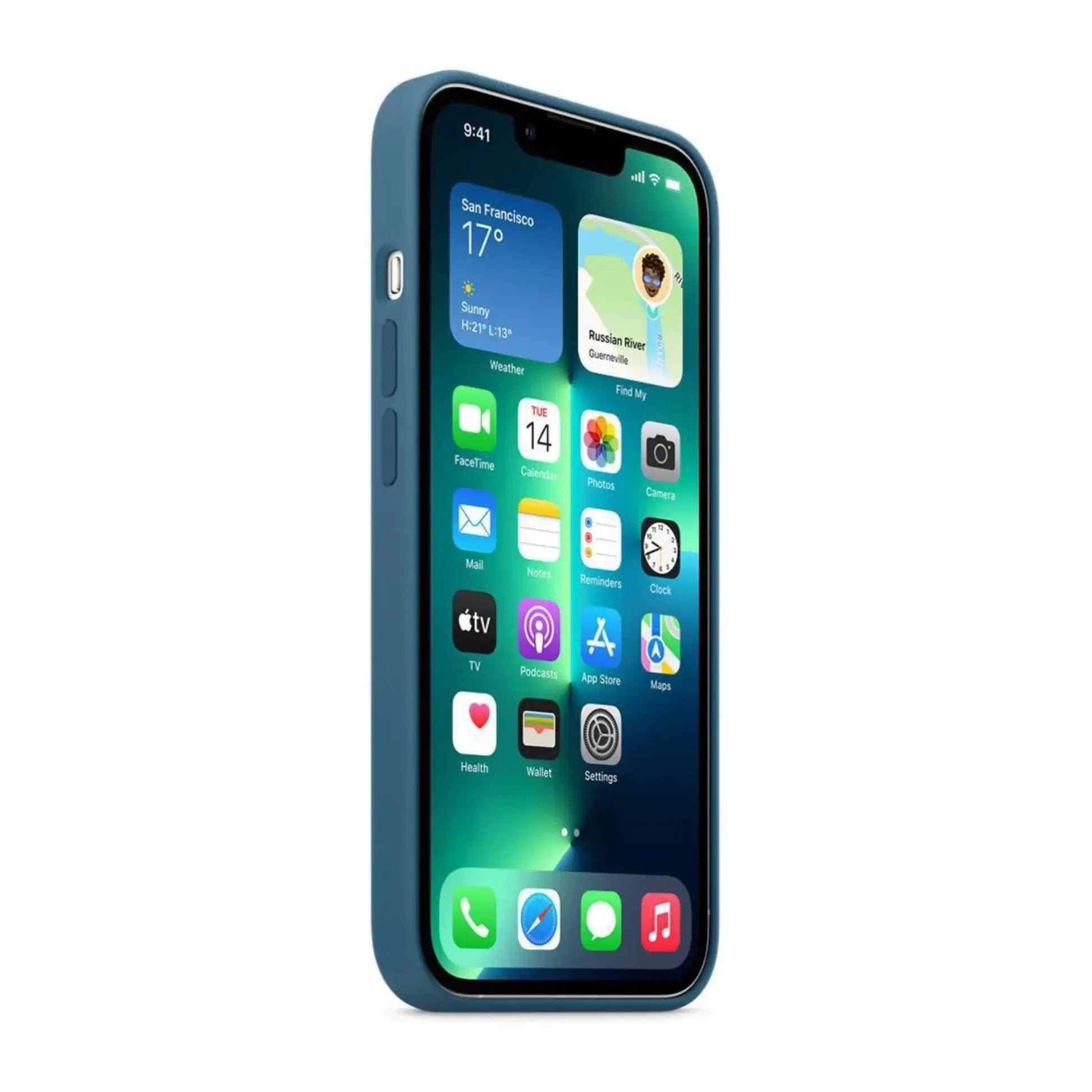 Das Bild zeigt die Apple iPhone Handyhülle MM2F3ZM/A aus Silikon. Sie ist kompatibel mit dem iPhone 13 Pro. In der Farbe Eisblau aus der Seitenansicht.