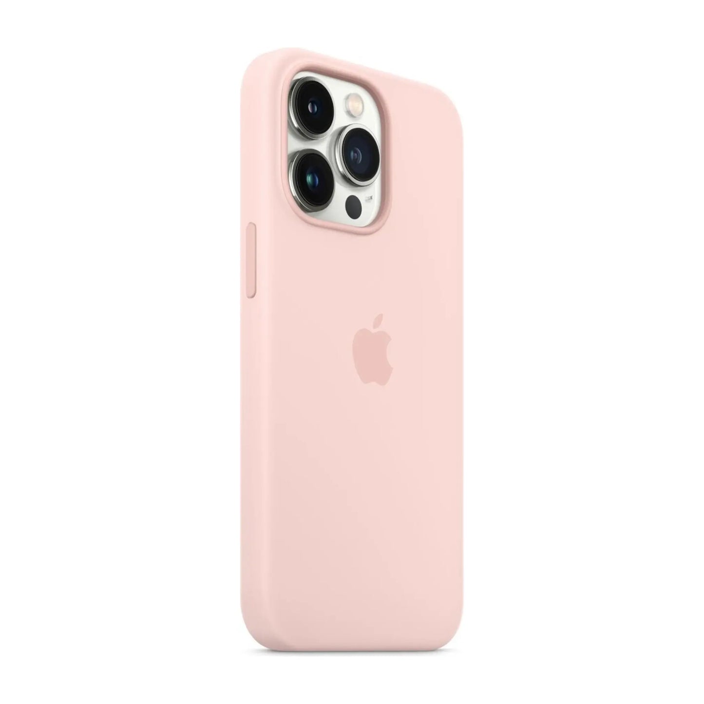 Das Bild zeigt die Apple iPhone Handyhülle MM2H3ZM/A aus Silikon. Sie ist kompatibel mit dem iPhone 13 Pro. In der Farbe Kalkrosa aus der Schrägansicht.