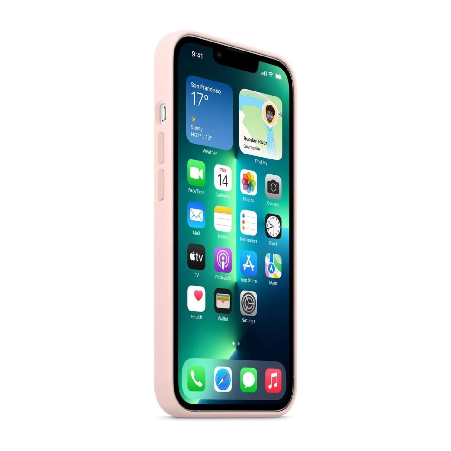 Das Bild zeigt die Apple iPhone Handyhülle MM2H3ZM/A aus Silikon. Sie ist kompatibel mit dem iPhone 13 Pro. In der Farbe Kalkrosa aus der Seitenansicht.