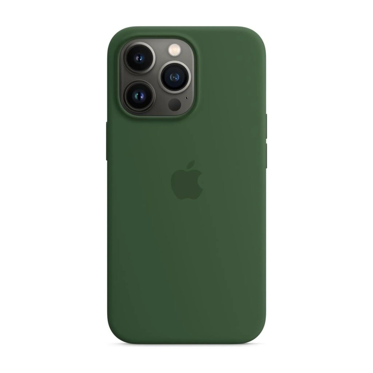 Das Bild zeigt die Apple iPhone Handyhülle MM2F3ZM/A aus Silikon. Sie ist kompatibel mit dem iPhone 13 Pro. In der Farbe Kleegrün aus der Frontansicht.