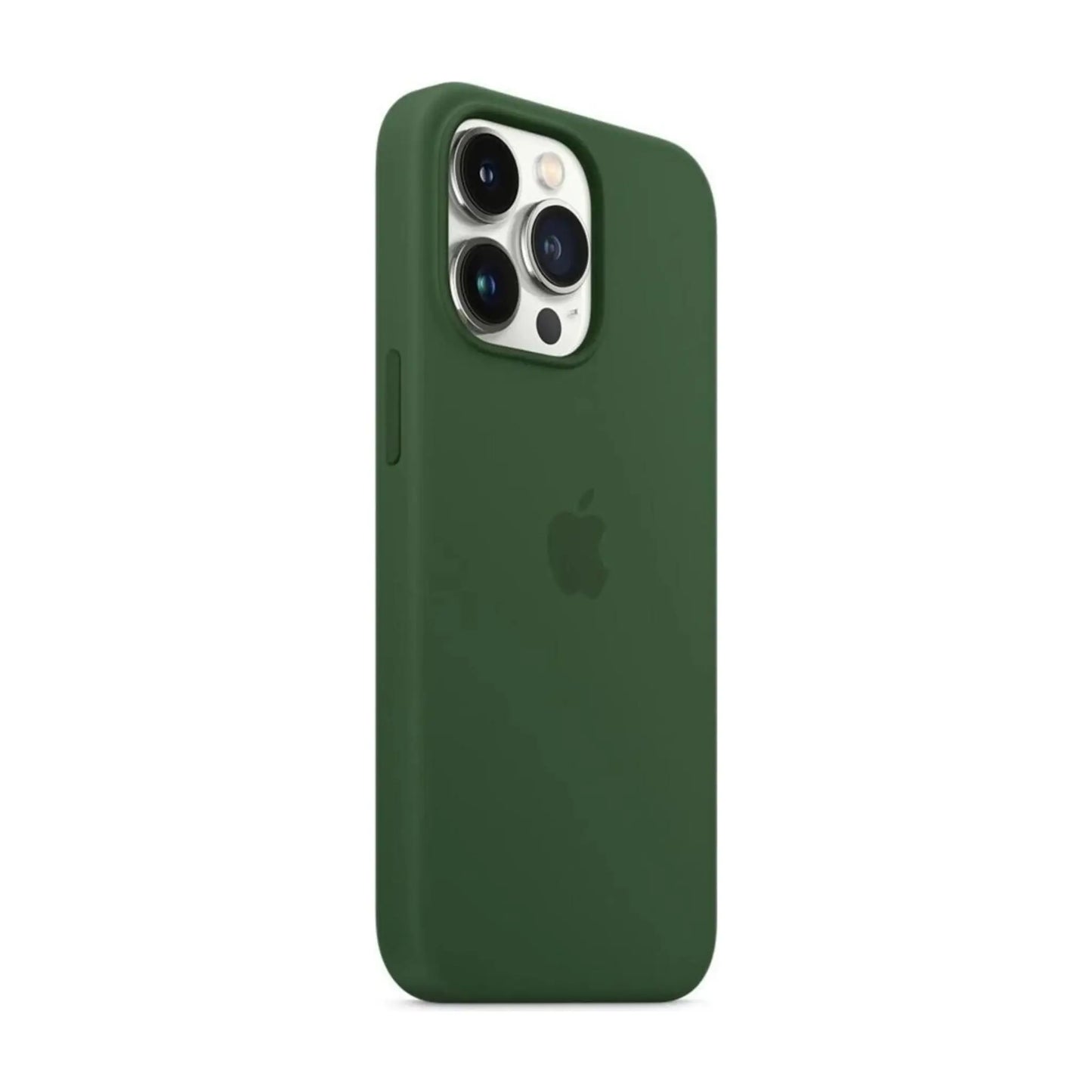 Das Bild zeigt die Apple iPhone Handyhülle MM2F3ZM/A aus Silikon. Sie ist kompatibel mit dem iPhone 13 Pro. In der Farbe Kleegrün aus der Schrägansicht.