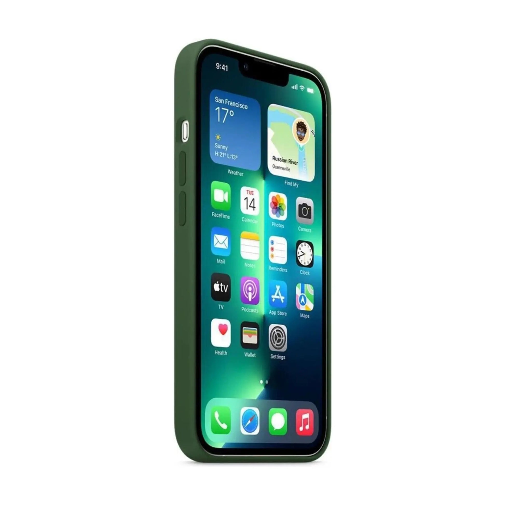 Das Bild zeigt die Apple iPhone Handyhülle MM2F3ZM/A aus Silikon. Sie ist kompatibel mit dem iPhone 13 Pro. In der Farbe Kleegrün aus der Seitenansicht.
