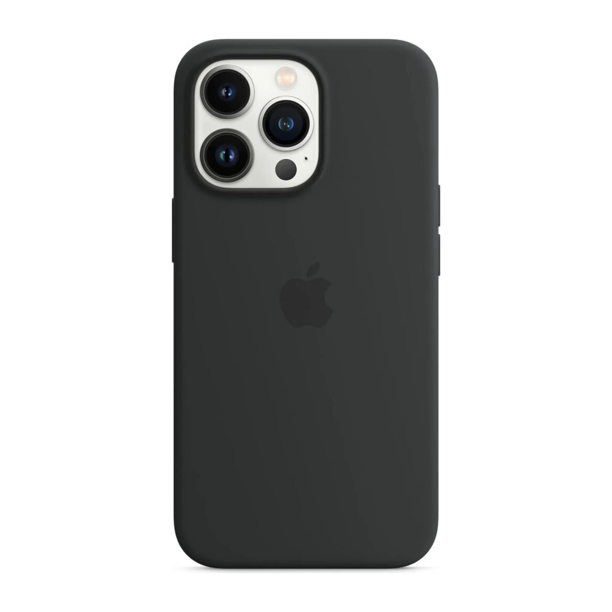 Das Bild zeigt die Apple iPhone Handyhülle MM2K3ZM/A aus Silikon. Sie ist kompatibel mit dem iPhone 13 Pro. In der Farbe Mitternacht aus der Frontansicht.