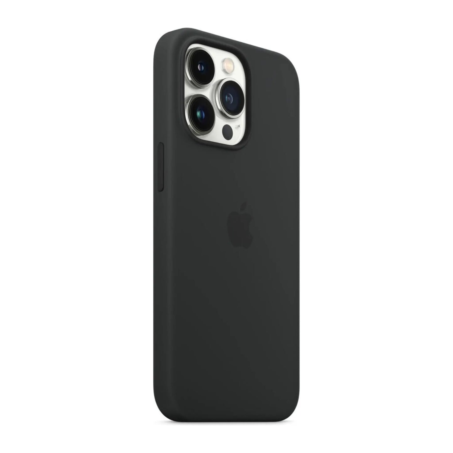 Das Bild zeigt die Apple iPhone Handyhülle MM2K3ZM/A aus Silikon. Sie ist kompatibel mit dem iPhone 13 Pro. In der Farbe Mitternacht aus der Schrägansicht.