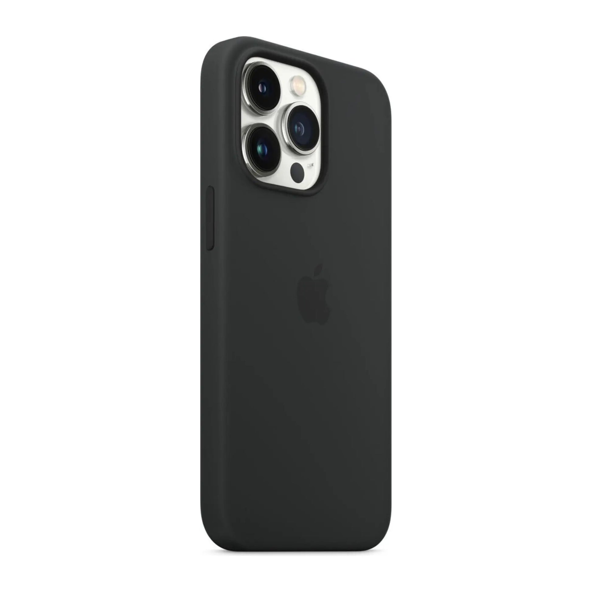 Das Bild zeigt die Apple iPhone Handyhülle MM2K3ZM/A aus Silikon. Sie ist kompatibel mit dem iPhone 13 Pro. In der Farbe Mitternacht aus der Schrägansicht.