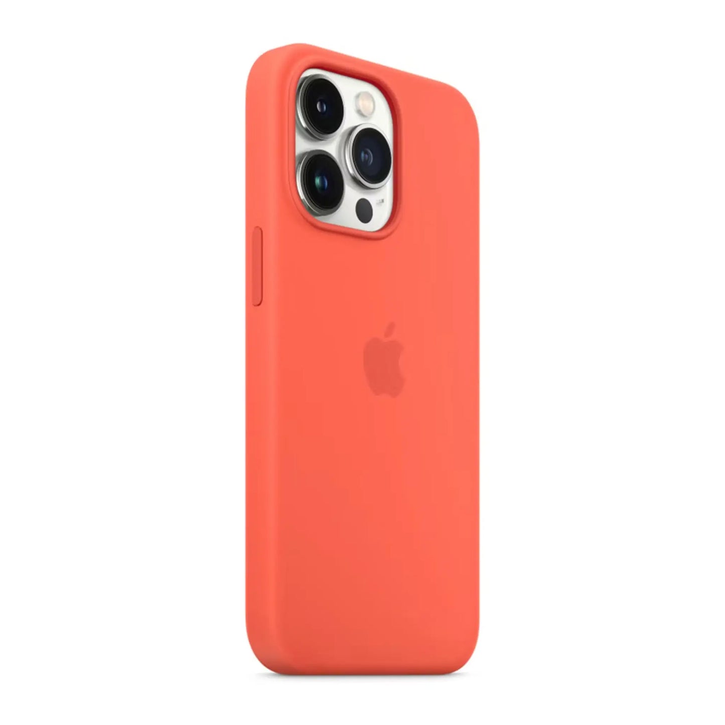 Das Bild zeigt die Apple iPhone Handyhülle MN683ZM/A aus Silikon. Sie ist kompatibel mit dem iPhone 13 Pro. In der Farbe Nectarine aus der Schrägansicht.