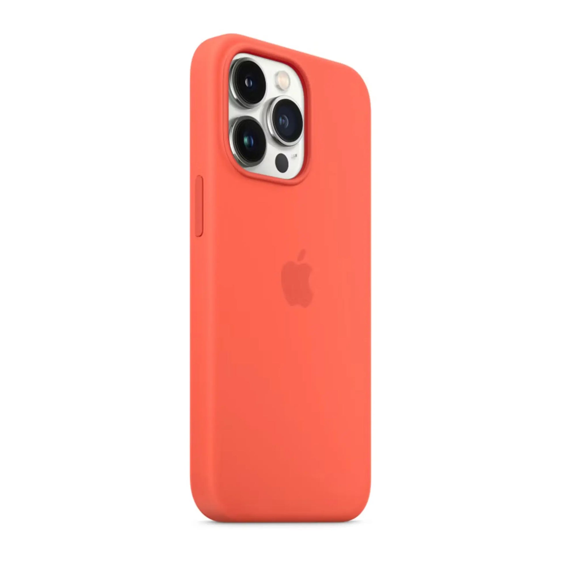 Das Bild zeigt die Apple iPhone Handyhülle MN683ZM/A aus Silikon. Sie ist kompatibel mit dem iPhone 13 Pro. In der Farbe Nectarine aus der Schrägansicht.