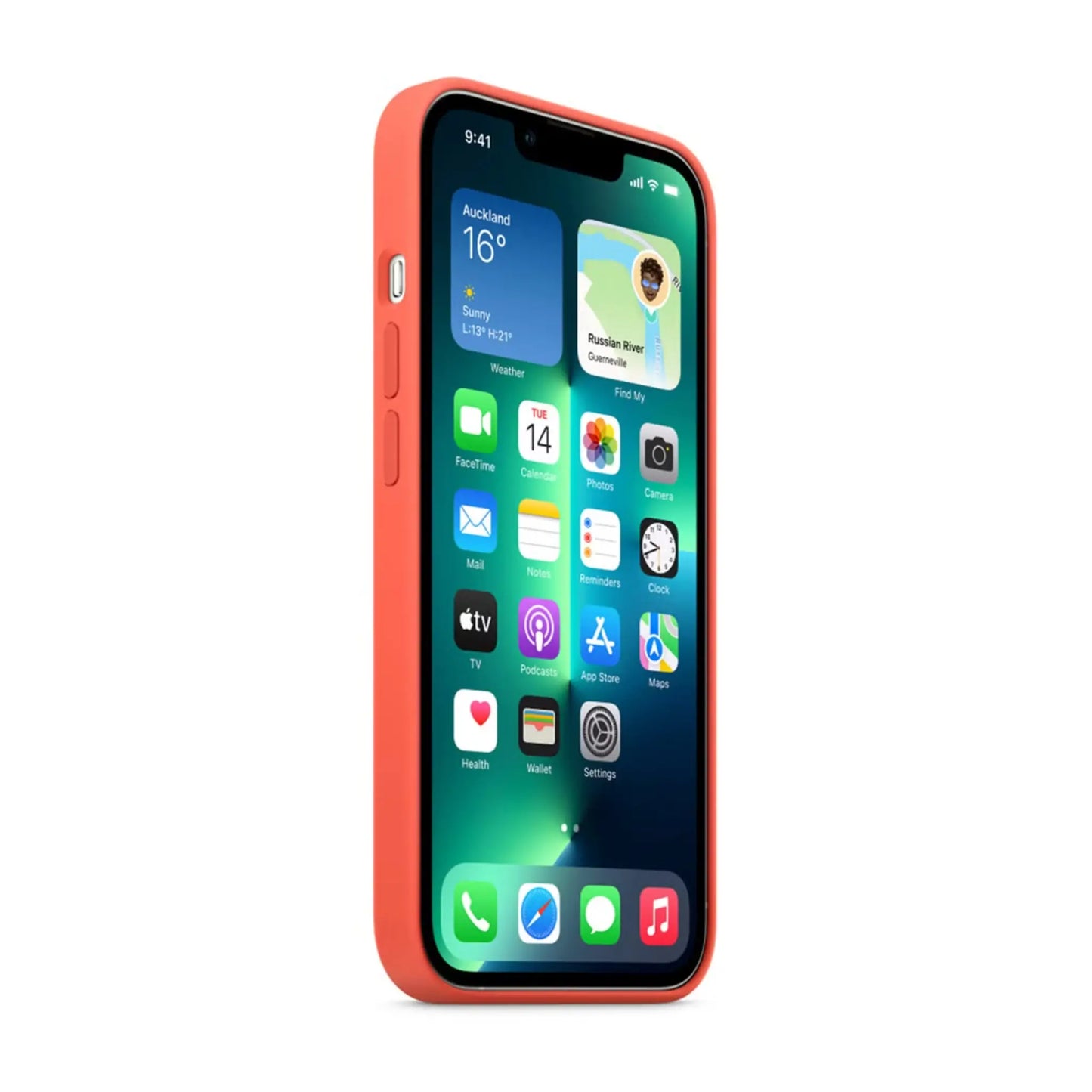 Das Bild zeigt die Apple iPhone Handyhülle MN683ZM/A aus Silikon. Sie ist kompatibel mit dem iPhone 13 Pro. In der Farbe Nectarine aus der Seitenansicht.
