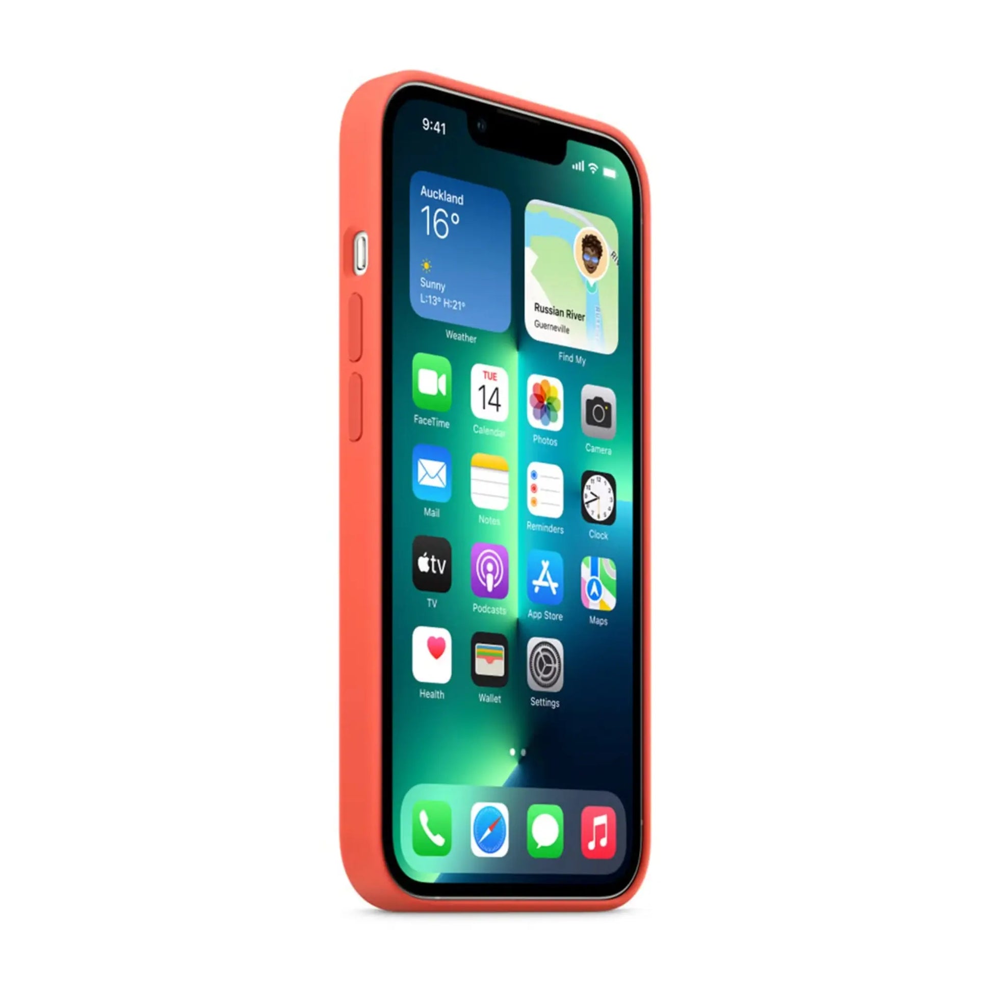 Das Bild zeigt die Apple iPhone Handyhülle MN683ZM/A aus Silikon. Sie ist kompatibel mit dem iPhone 13 Pro. In der Farbe Nectarine aus der Seitenansicht.