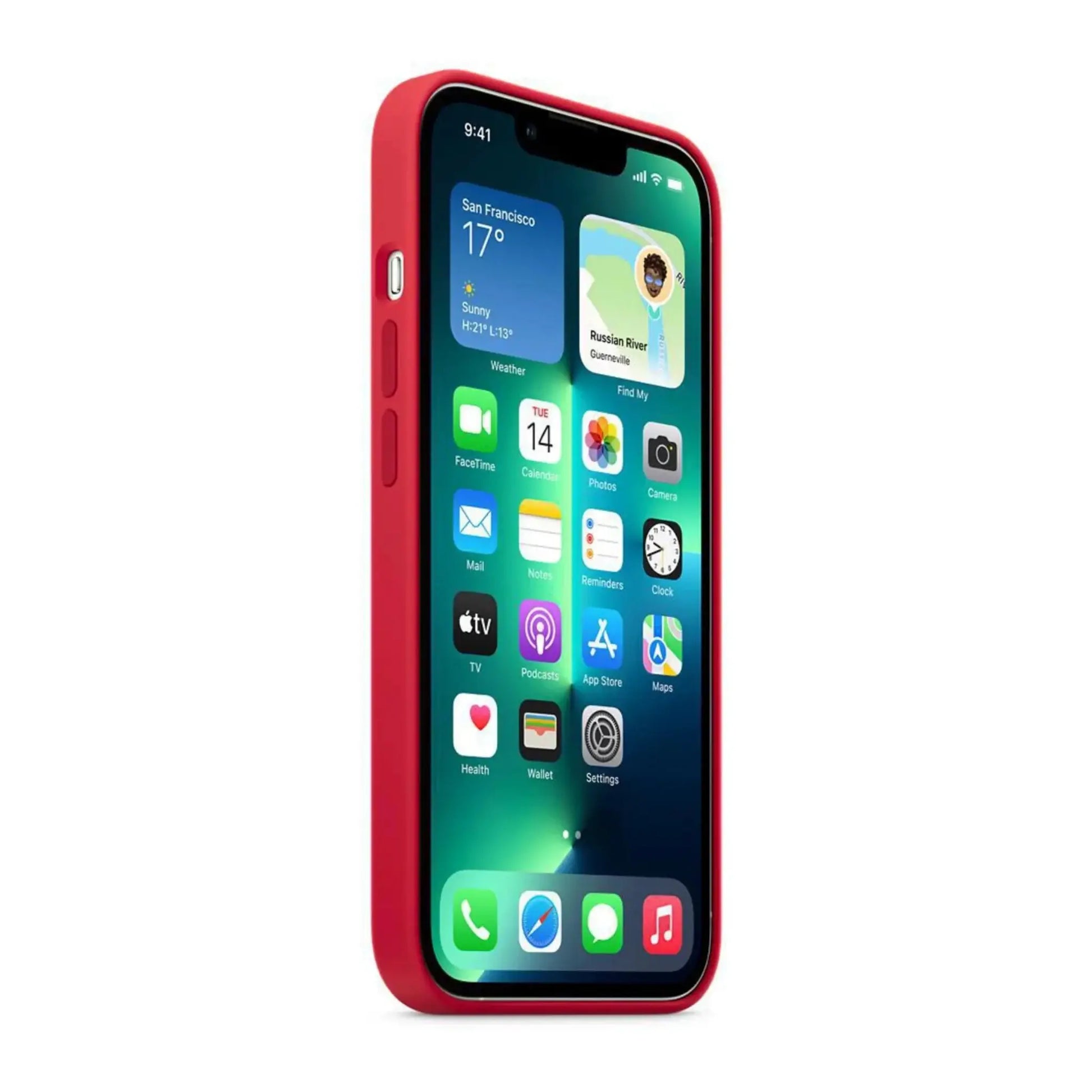 Das Bild zeigt die Apple iPhone Handyhülle MM2L3ZM/A aus Silikon. Sie ist kompatibel mit dem iPhone 13 Pro. In der Farbe Rot aus der Seitenansicht.