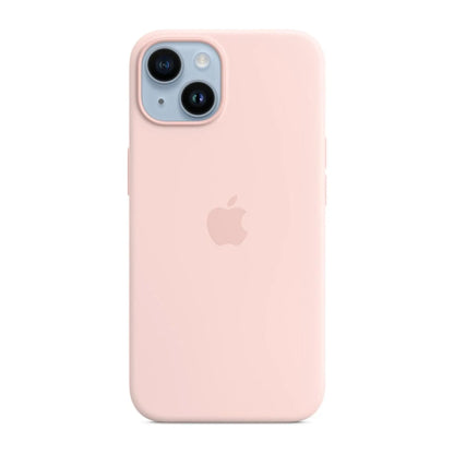 Das Bild zeigt die Apple iPhone Handyhülle MW5V3ZM/A aus Silikon. Sie ist kompatibel mit dem iPhone 14. In der Farbe Kalkrosa aus der Frontansicht.