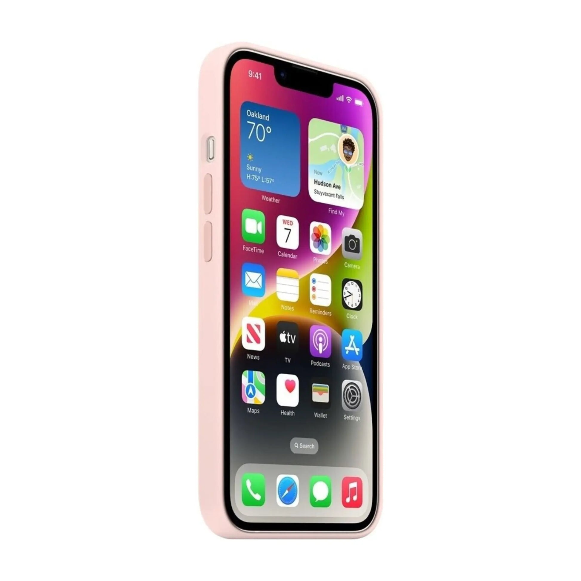 Das Bild zeigt die Apple iPhone Handyhülle MW5V3ZM/A aus Silikon. Sie ist kompatibel mit dem iPhone 14. In der Farbe Kalkrosa aus der Seitenansicht.