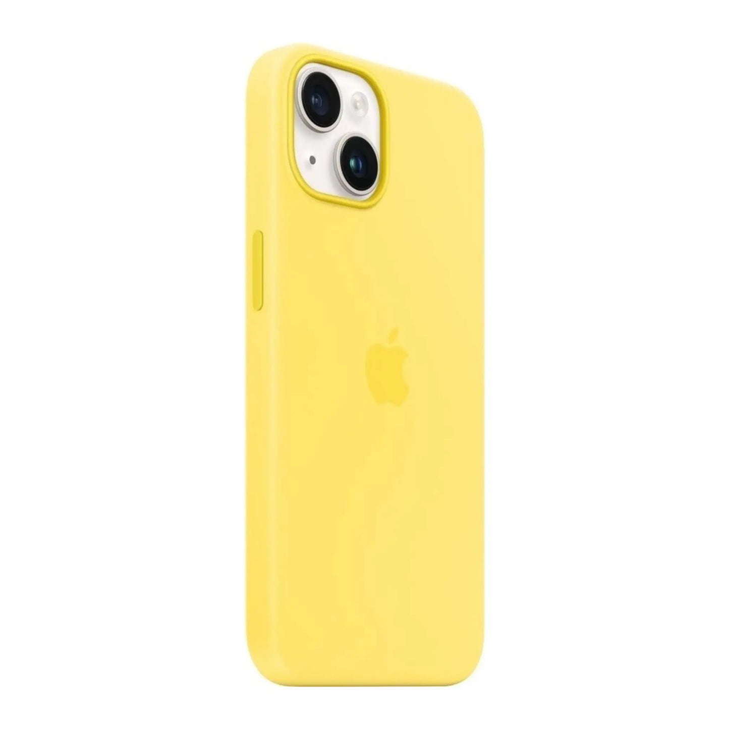 Das Bild zeigt die Apple iPhone Handyhülle MQU73ZM/A aus Silikon. Sie ist kompatibel mit dem iPhone 14. In der Farbe Kanariengelb aus der Schrägansicht.
