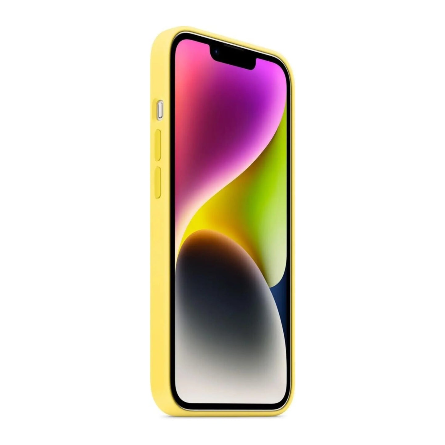 Das Bild zeigt die Apple iPhone Handyhülle MQU73ZM/A aus Silikon. Sie ist kompatibel mit dem iPhone 14. In der Farbe Kanariengelb aus der Seitenansicht.