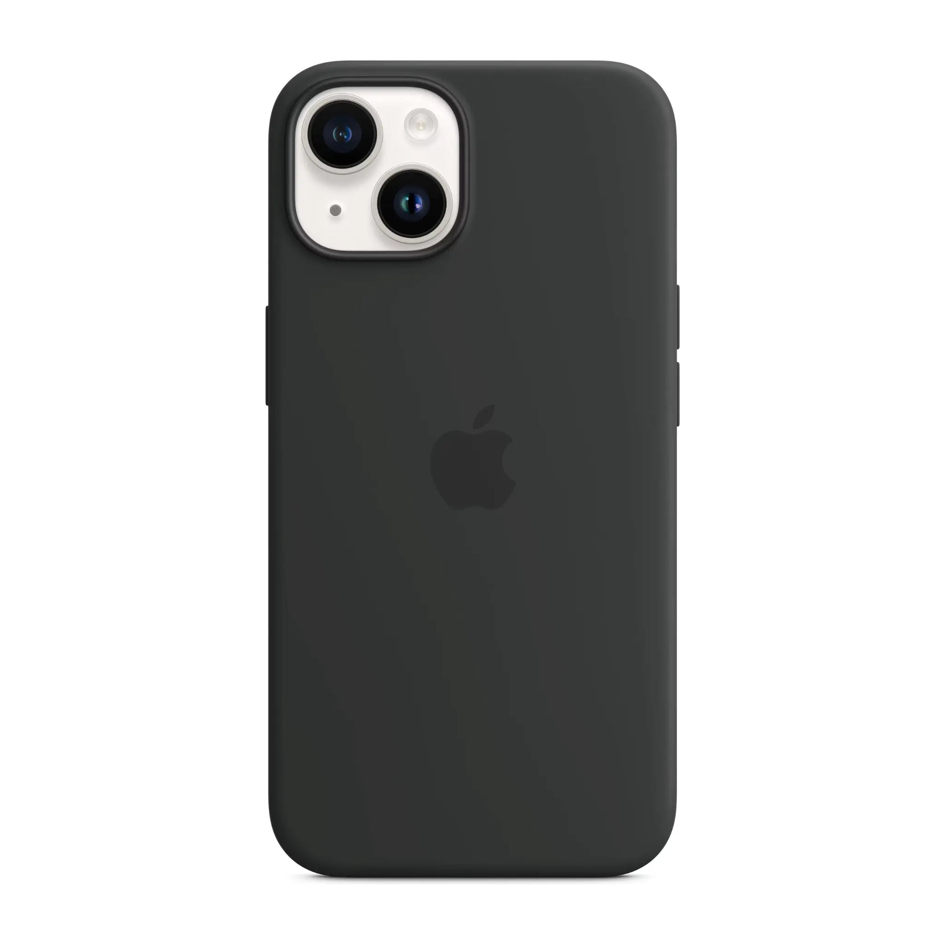 Das Bild zeigt die Apple iPhone Handyhülle MW5R3ZM/A aus Silikon. Sie ist kompatibel mit dem iPhone 14. In der Farbe Mitternacht aus der Frontansicht.
