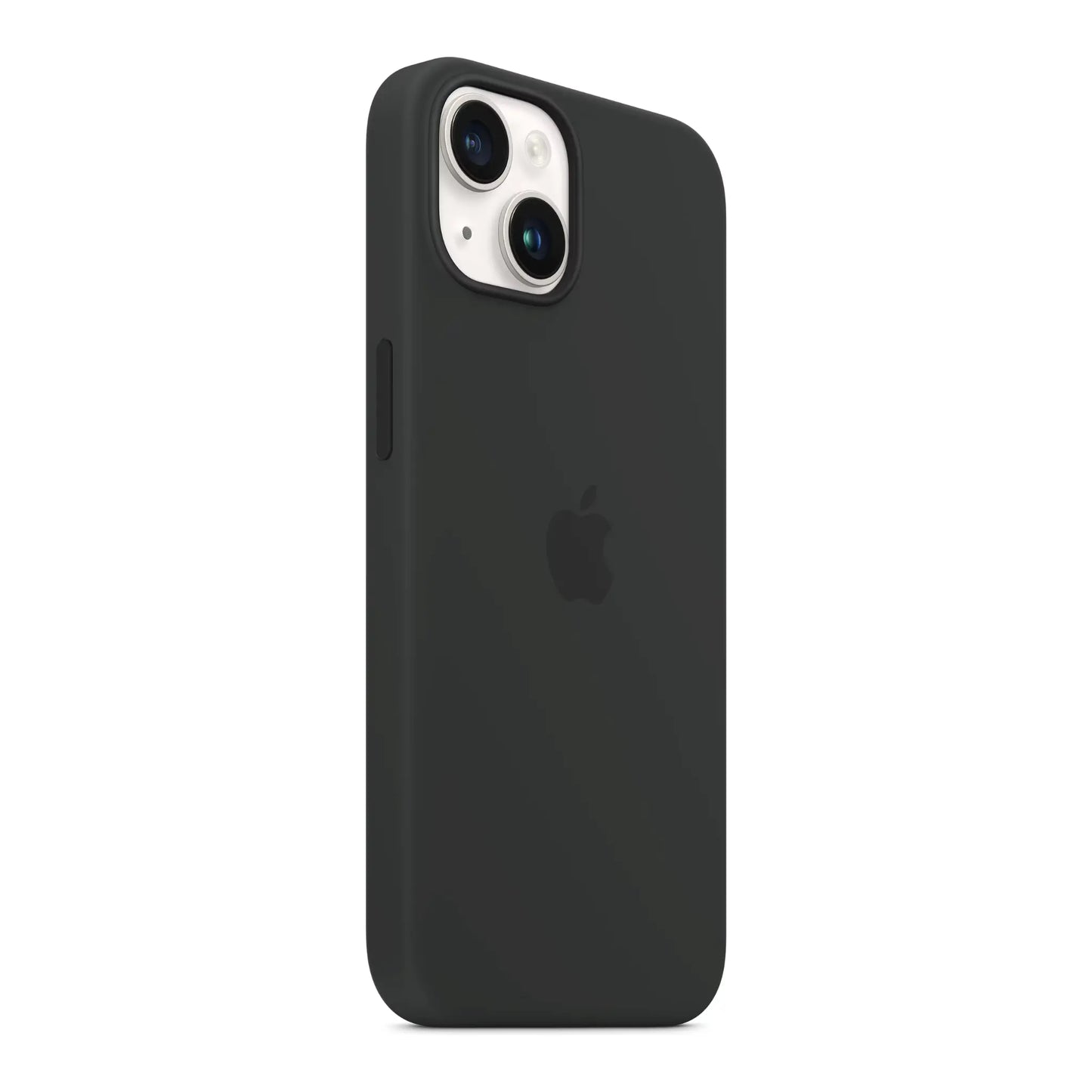 Das Bild zeigt die Apple iPhone Handyhülle MW5R3ZM/A aus Silikon. Sie ist kompatibel mit dem iPhone 14. In der Farbe Mitternacht aus der Schrägansicht.