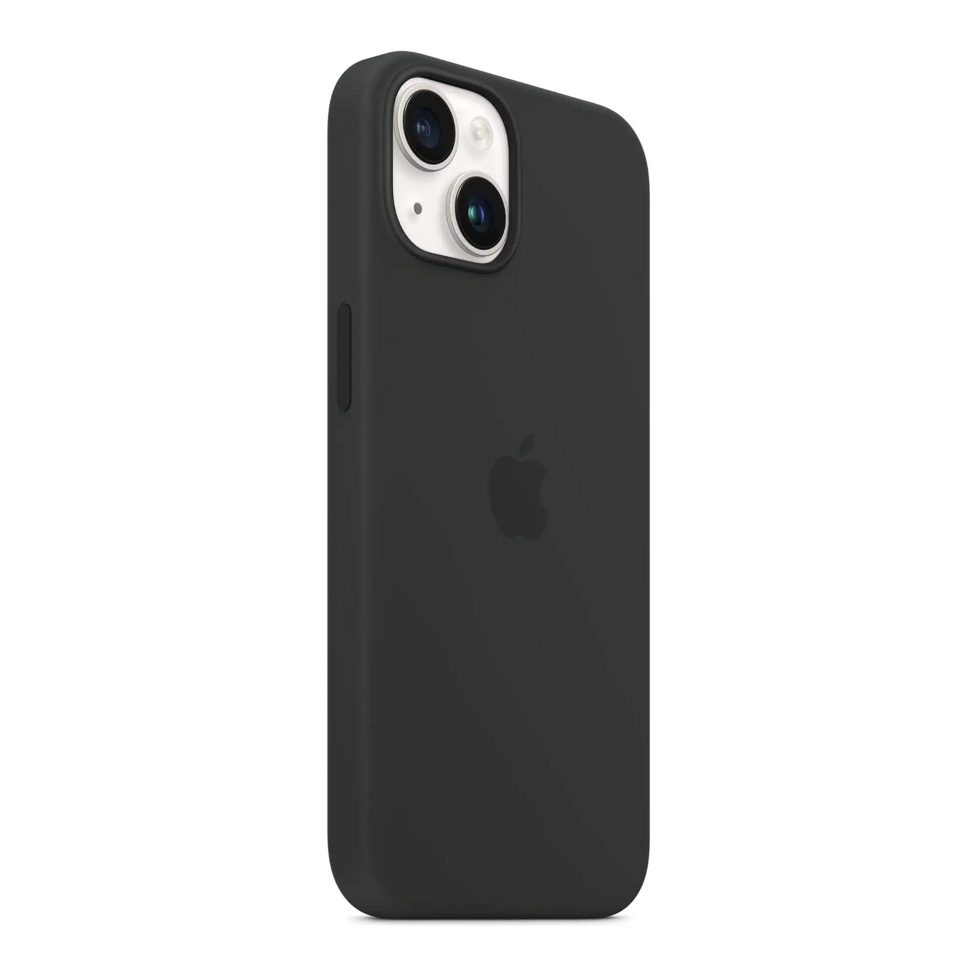 Das Bild zeigt die Apple iPhone Handyhülle MW5R3ZM/A aus Silikon. Sie ist kompatibel mit dem iPhone 14. In der Farbe Mitternacht aus der Schrägansicht.