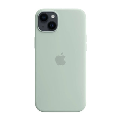 Das Bild zeigt die Apple iPhone Handyhülle MPTC3ZM/A aus Silikon. Sie ist kompatibel mit dem iPhone 14 Plus. In der Farbe Agavengrün aus der Frontansicht.