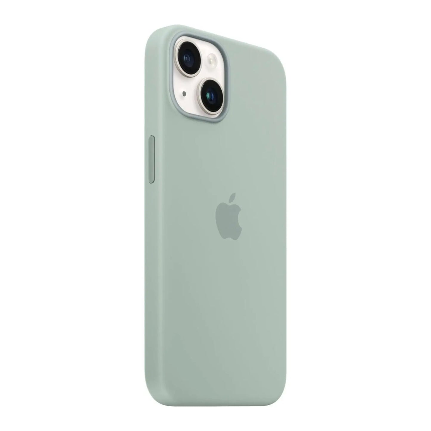 Das Bild zeigt die Apple iPhone Handyhülle MPTC3ZM/A aus Silikon. Sie ist kompatibel mit dem iPhone 14 Plus. In der Farbe Agavengrün aus der Schrägansicht.