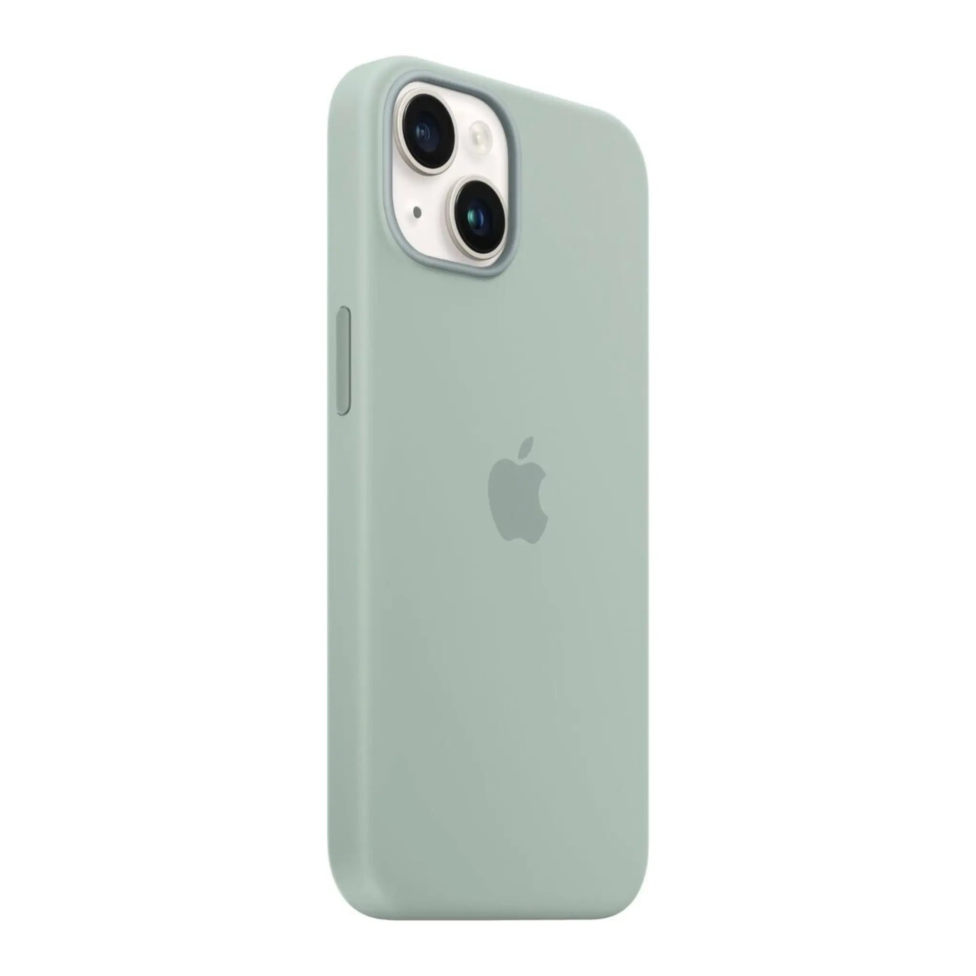 Das Bild zeigt die Apple iPhone Handyhülle MPTC3ZM/A aus Silikon. Sie ist kompatibel mit dem iPhone 14 Plus. In der Farbe Agavengrün aus der Schrägansicht.