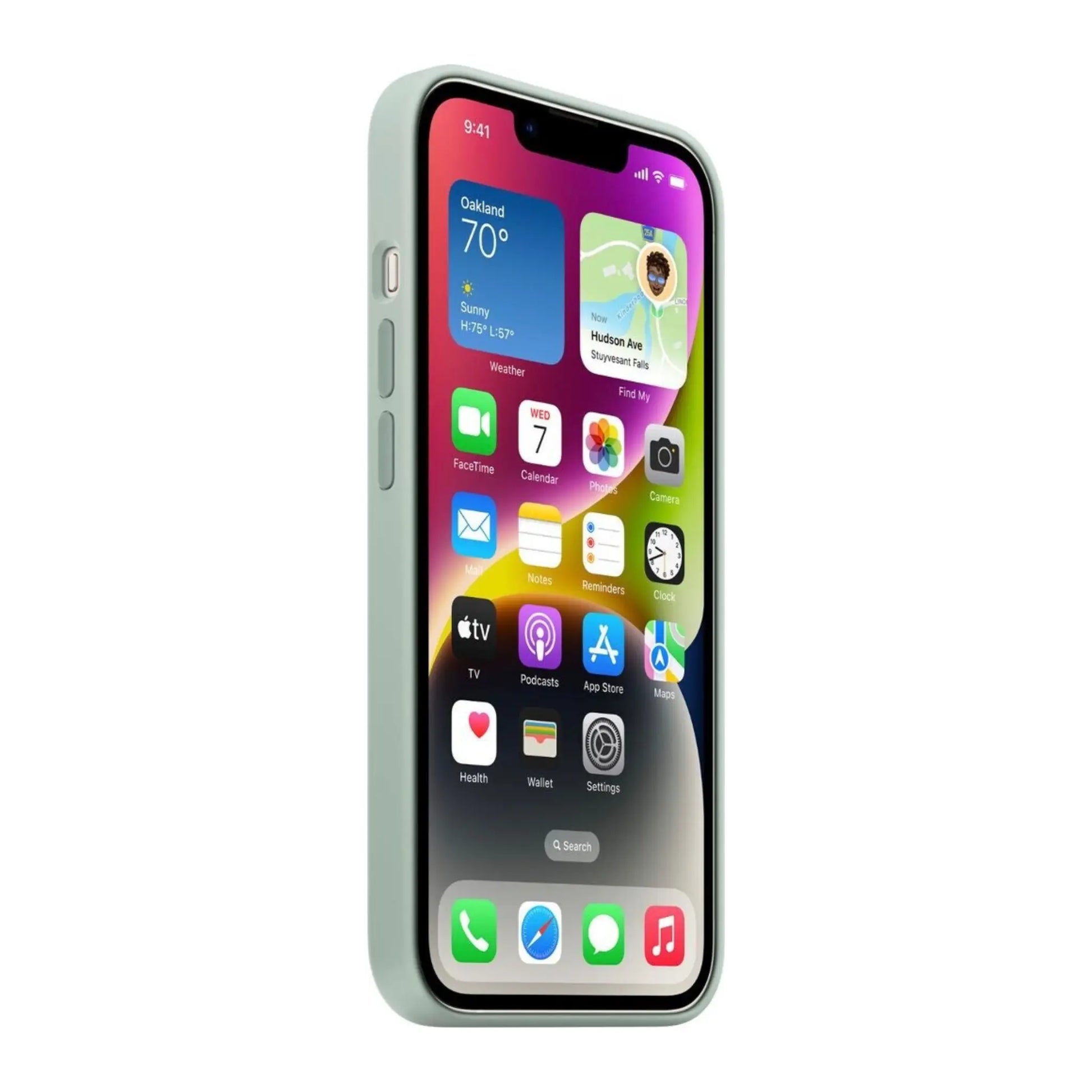 Das Bild zeigt die Apple iPhone Handyhülle MPTC3ZM/A aus Silikon. Sie ist kompatibel mit dem iPhone 14 Plus. In der Farbe Agavengrün aus der Seitenansicht.