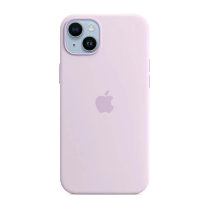 Das Bild zeigt die Apple iPhone Handyhülle MPT83ZM/A aus Silikon. Sie ist kompatibel mit dem iPhone 14 Plus. In der Farbe Flieder aus der Frontansicht.
