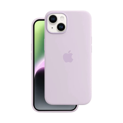Das Bild zeigt die Apple iPhone Handyhülle MPT83ZM/A aus Silikon. Sie ist kompatibel mit dem iPhone 14 Plus. In der Farbe Flieder aus der Seitenansicht.