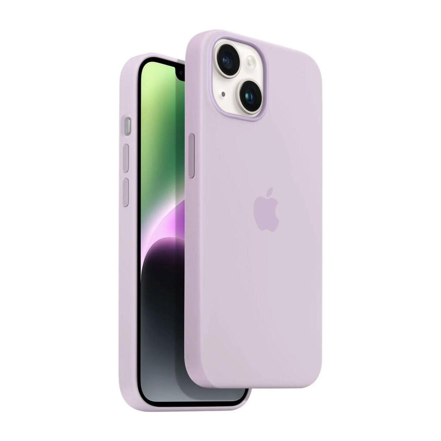 Das Bild zeigt die Apple iPhone Handyhülle MPT83ZM/A aus Silikon. Sie ist kompatibel mit dem iPhone 14 Plus. In der Farbe Flieder aus der Schrägansicht.