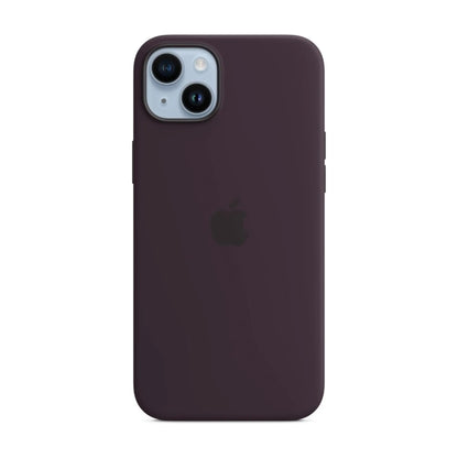 Das Bild zeigt die Apple iPhone Handyhülle MPT93ZM/A aus Silikon. Sie ist kompatibel mit dem iPhone 14 Plus. In der Farbe Holunder aus der Frontansicht.