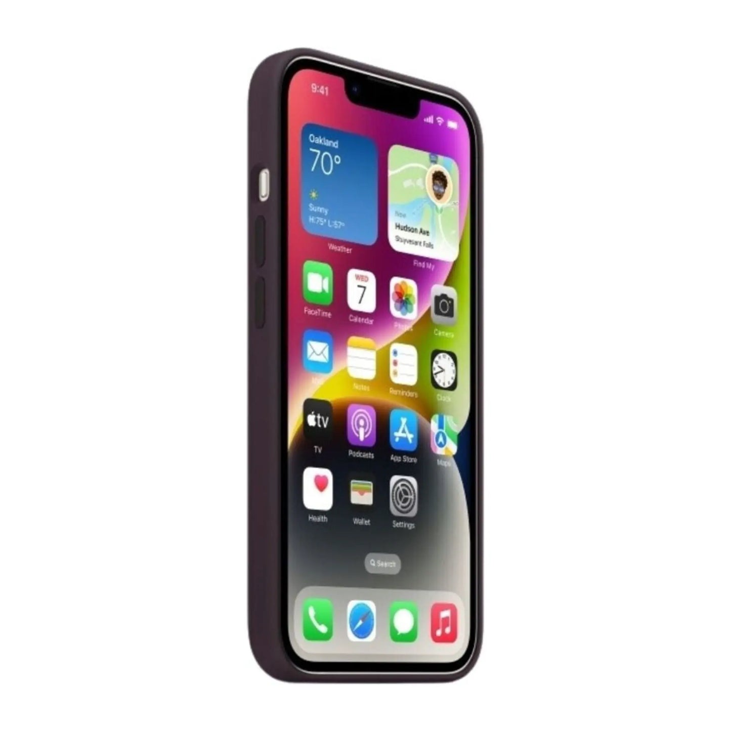 Das Bild zeigt die Apple iPhone Handyhülle MPT93ZM/A aus Silikon. Sie ist kompatibel mit dem iPhone 14 Plus. In der Farbe Holunder aus der Seitenansicht.
