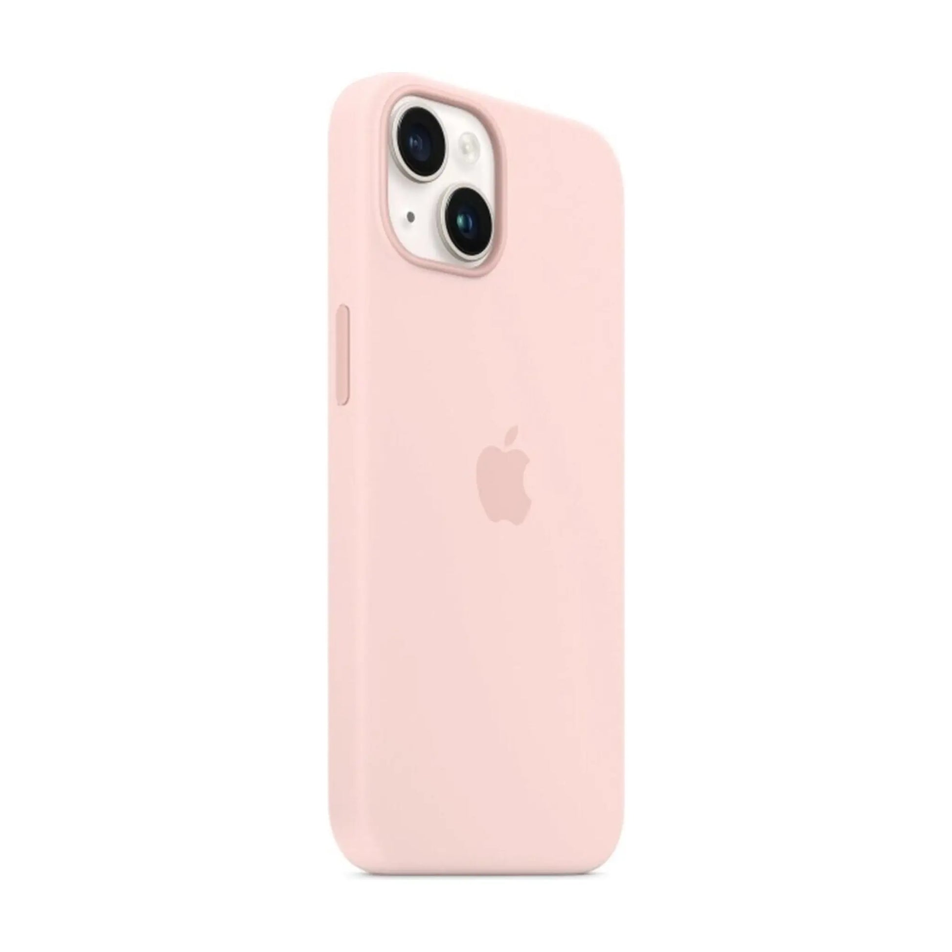 Das Bild zeigt die Apple iPhone Handyhülle MPT73ZM/A aus Silikon. Sie ist kompatibel mit dem iPhone 14 Plus. In der Farbe Kalkrosa aus der Schrägansicht.