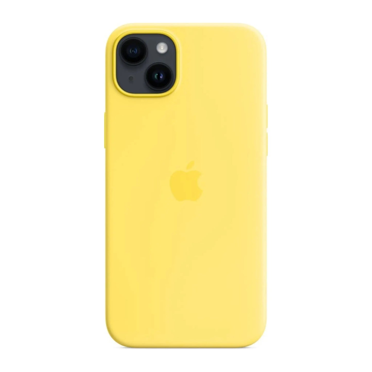 Das Bild zeigt die Apple iPhone Handyhülle MQUC3ZM/A aus Silikon. Sie ist kompatibel mit dem iPhone 14 Plus. In der Farbe Kanariengelb aus der Frontansicht.
