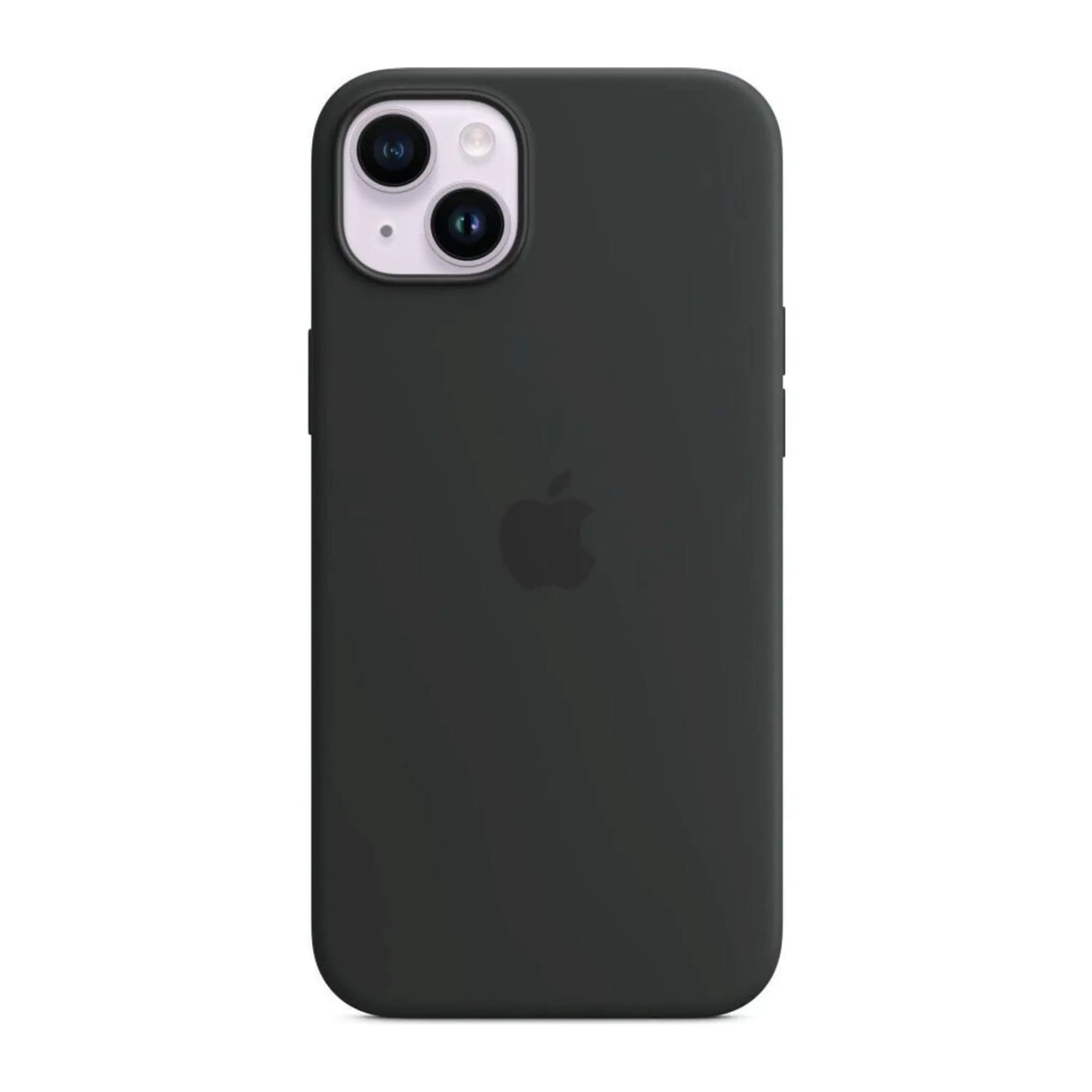 Das Bild zeigt die Apple iPhone Handyhülle MPT33ZM/A aus Silikon. Sie ist kompatibel mit dem iPhone 14 Plus. In der Farbe Mitternacht aus der Frontansicht.