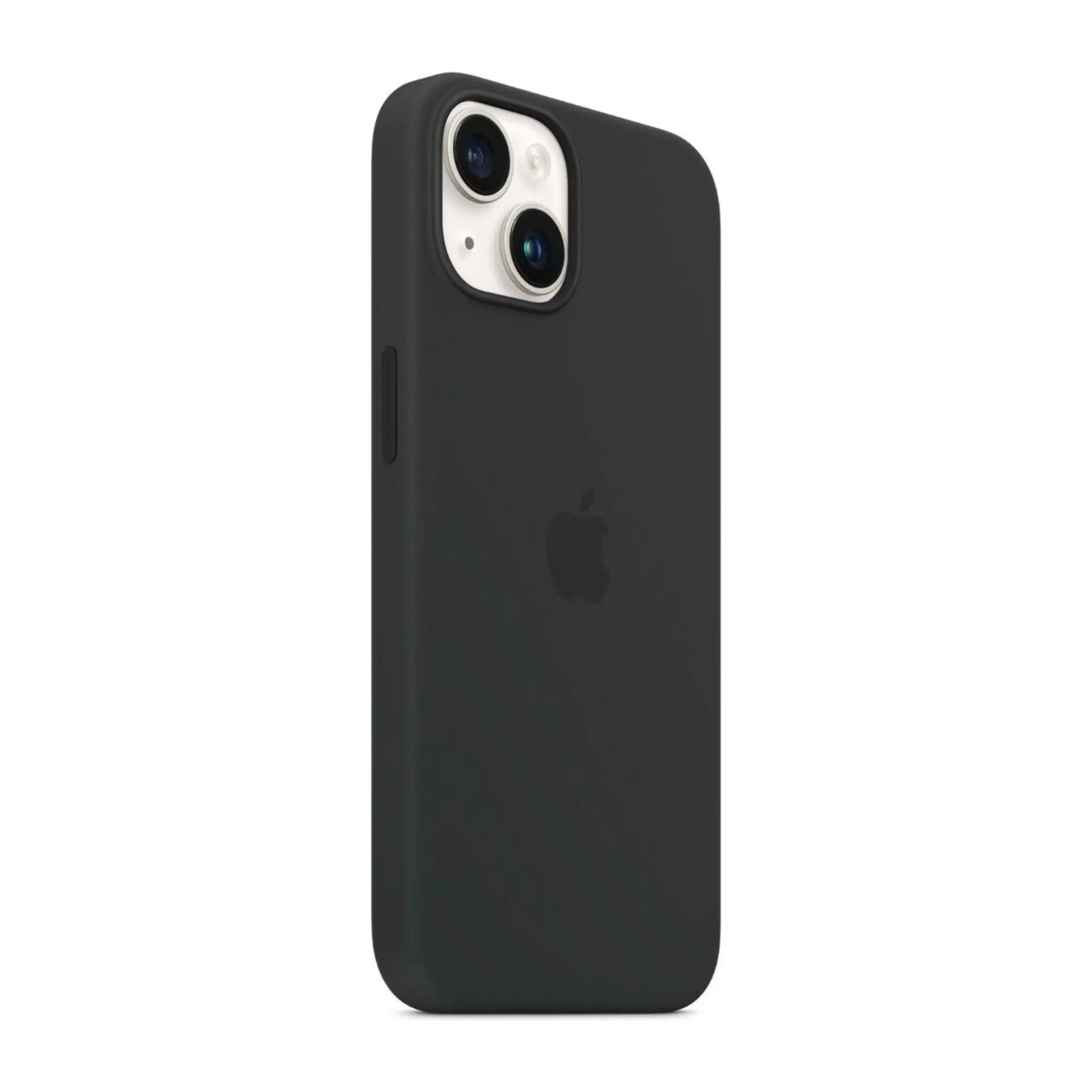 Das Bild zeigt die Apple iPhone Handyhülle MPT33ZM/A aus Silikon. Sie ist kompatibel mit dem iPhone 14 Plus. In der Farbe Mitternacht aus der Schrägansicht.