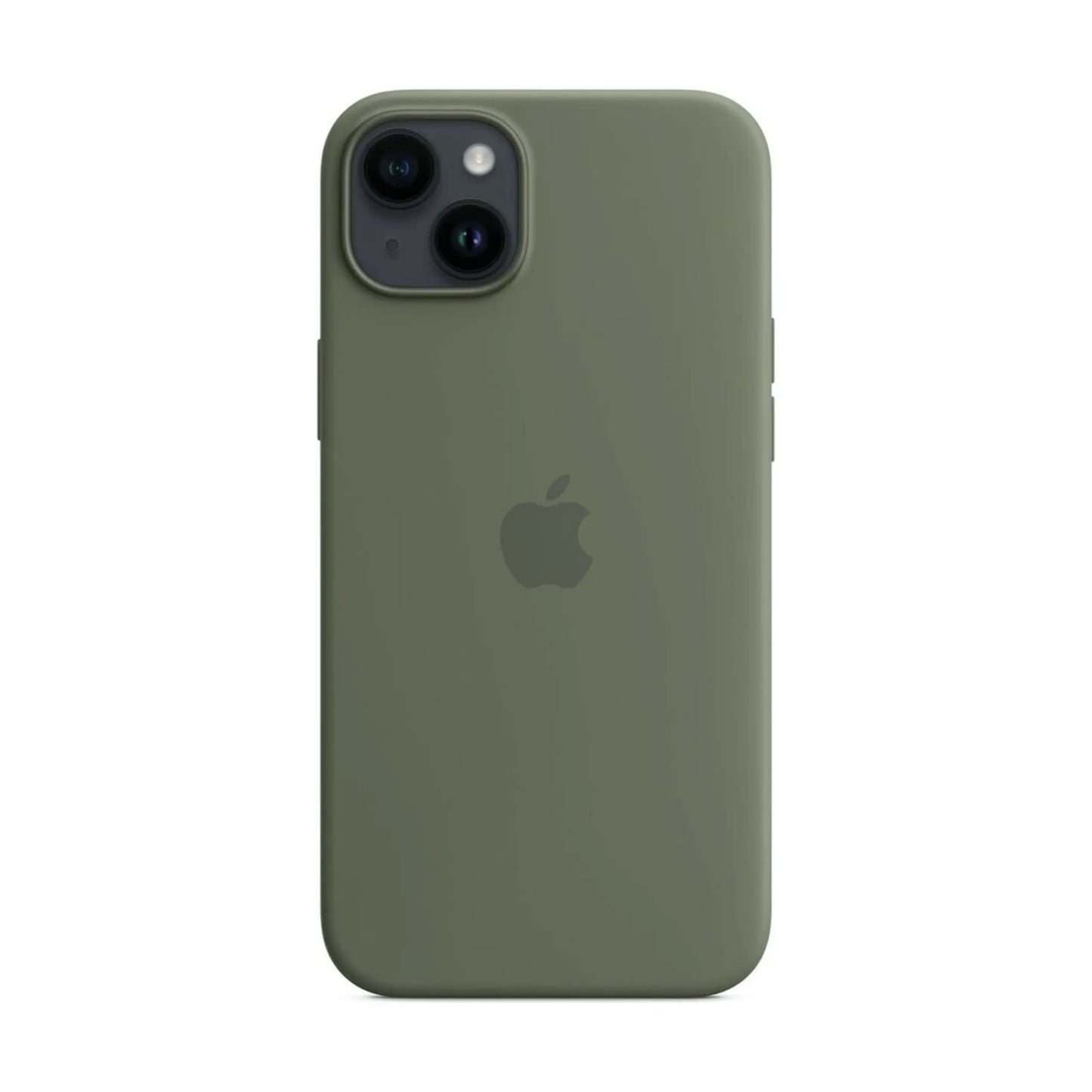 Das Bild zeigt die Apple iPhone Handyhülle MQUD3ZM/A aus Silikon. Sie ist kompatibel mit dem iPhone 14 Plus. In der Farbe Oliv aus der Frontansicht.