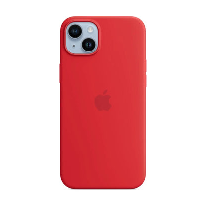 Das Bild zeigt die Apple iPhone Handyhülle MPT63ZM/A aus Silikon. Sie ist kompatibel mit dem iPhone 14 Plus. In der Farbe Rot aus der Frontansicht.
