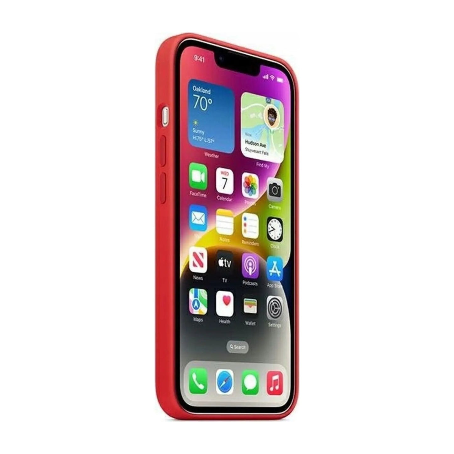 Das Bild zeigt die Apple iPhone Handyhülle MPT63ZM/A aus Silikon. Sie ist kompatibel mit dem iPhone 14 Plus. In der Farbe Rot aus der Seitenansicht.